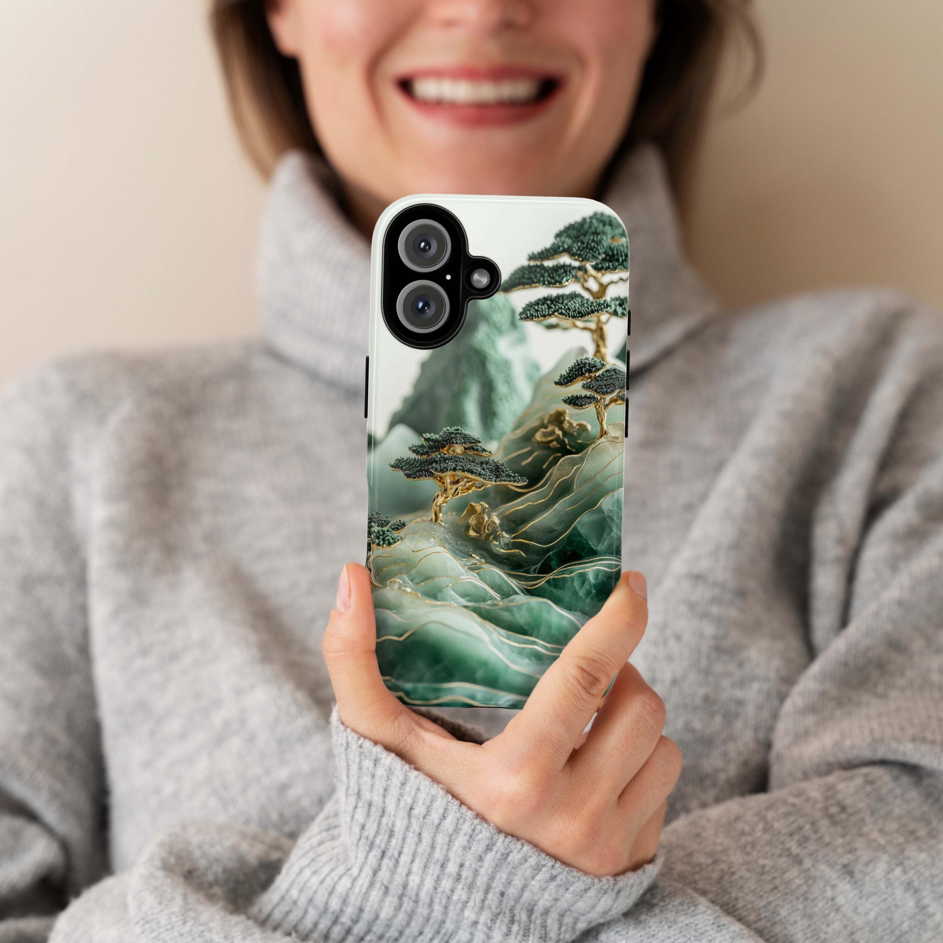 Asian Jade Carving Phone Case, Landscape Scenery Art Phone Cover, Aesthetic Phone Cover for iPhone 16 15 Pro Max Plus, Samsung S25, 438.1
