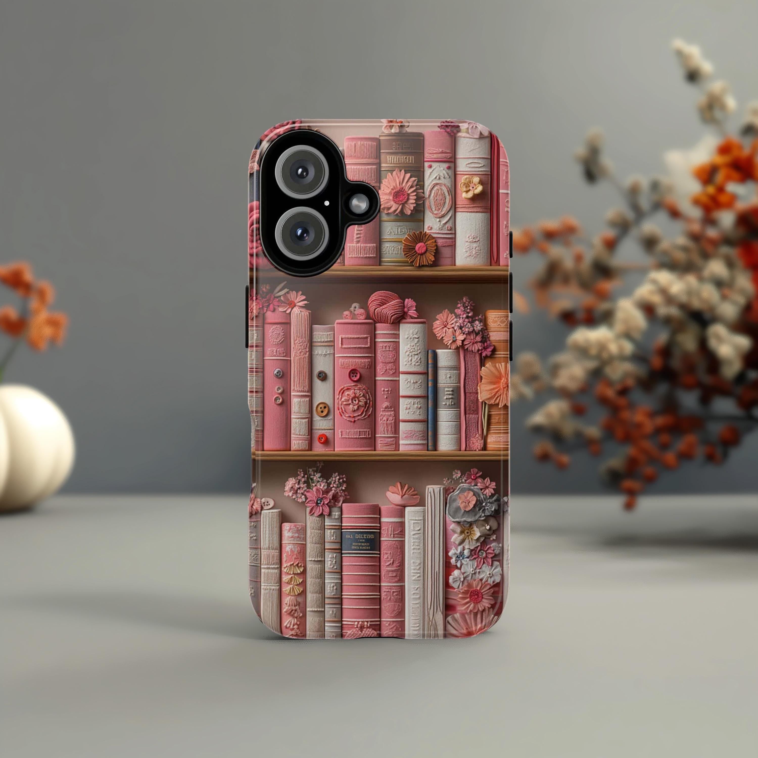 Vintage Pink Library Floral Phone Case, Book and Flowers Design, Bookworm Phone Case for iPhone 16 15 14 13 Magsafe, Samsung S25, 423.21
