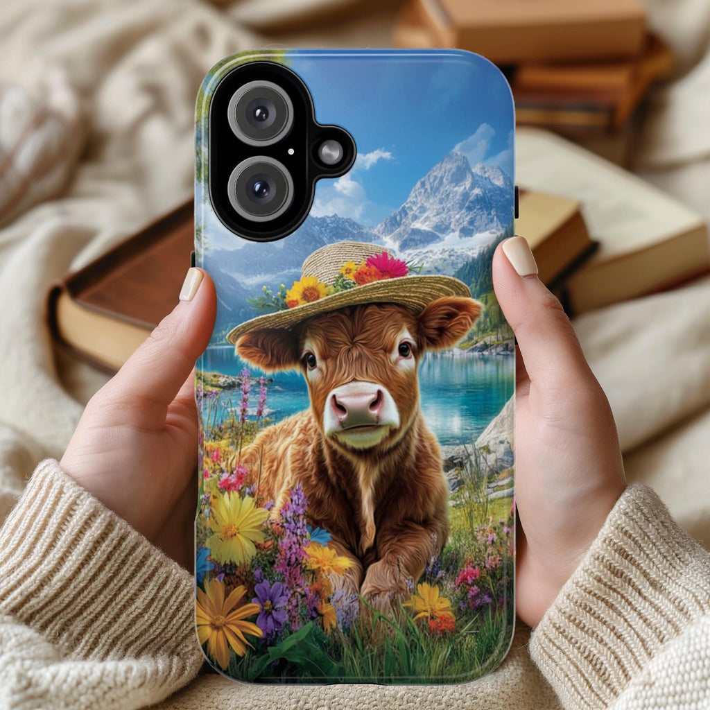 Cute Highland Cow Phone Case, Spring Meadow Floral Design with Mountain & Lake View Phone Cover for iPhone Tough or Magsafe, Samsung, 473.4