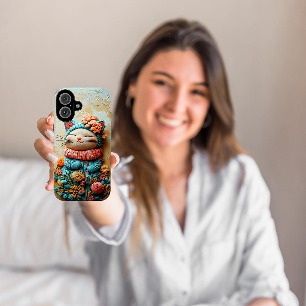 Knitted Colorful Cat & Flowers Phone - 3D effect Phone cover - Cat Lover Case for iPhone 16 15 14 13 Magsafe Plus, Samsung S24, 449.1