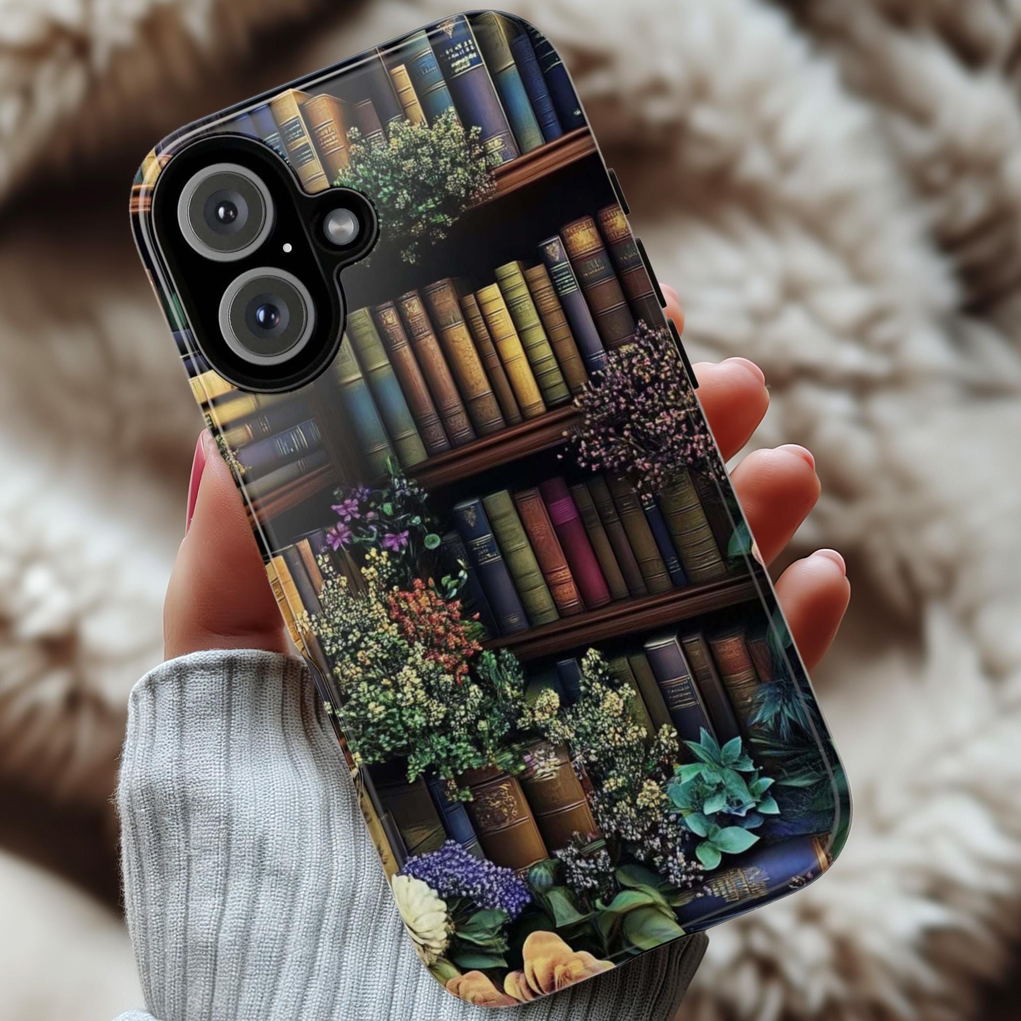 Floral & Library Phone Case, Botanical Plant Design Phone Case, Vintage Book Lover Cover for iPhone 16 15 Tough or Magsafe, Samsung, 423.31