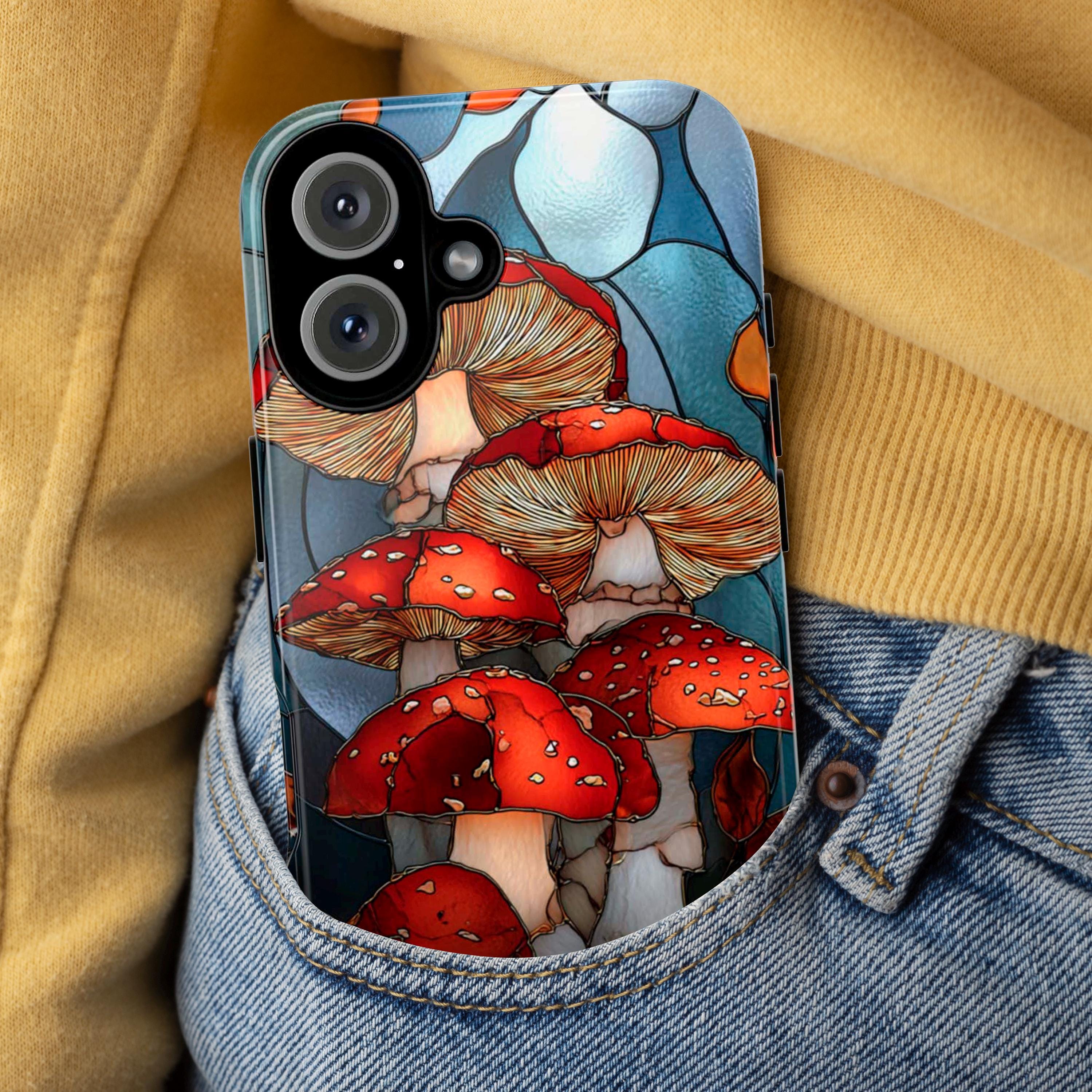 Stained Glass Mushroom Phone Case with Autumn Colors, Fall Forest Design, Artistic Nature-Inspired Phone Cover for iPhone & Samsung, 478.10