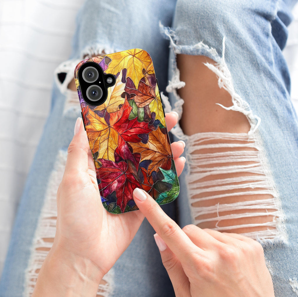 Colorful Fall Leaves Stained Glass Phone Case | Vibrant Autumn Design for iPhone 16 Pro Max 15 14 13 12 Plus Mag Safe, Samsung S25, 416.5