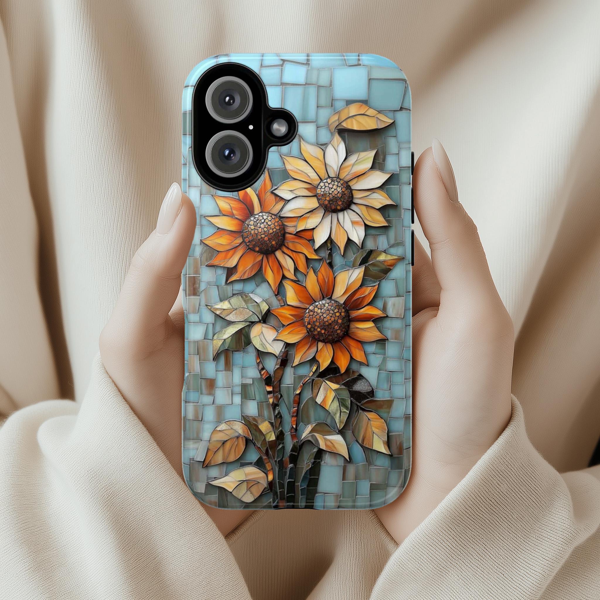 Stained Glass Sunflowers Phone Case, Mosaic Mystical MagSafe Case for iPhone 16 15 14 13 Pro Max Plus / Samsung S24, 418.13
