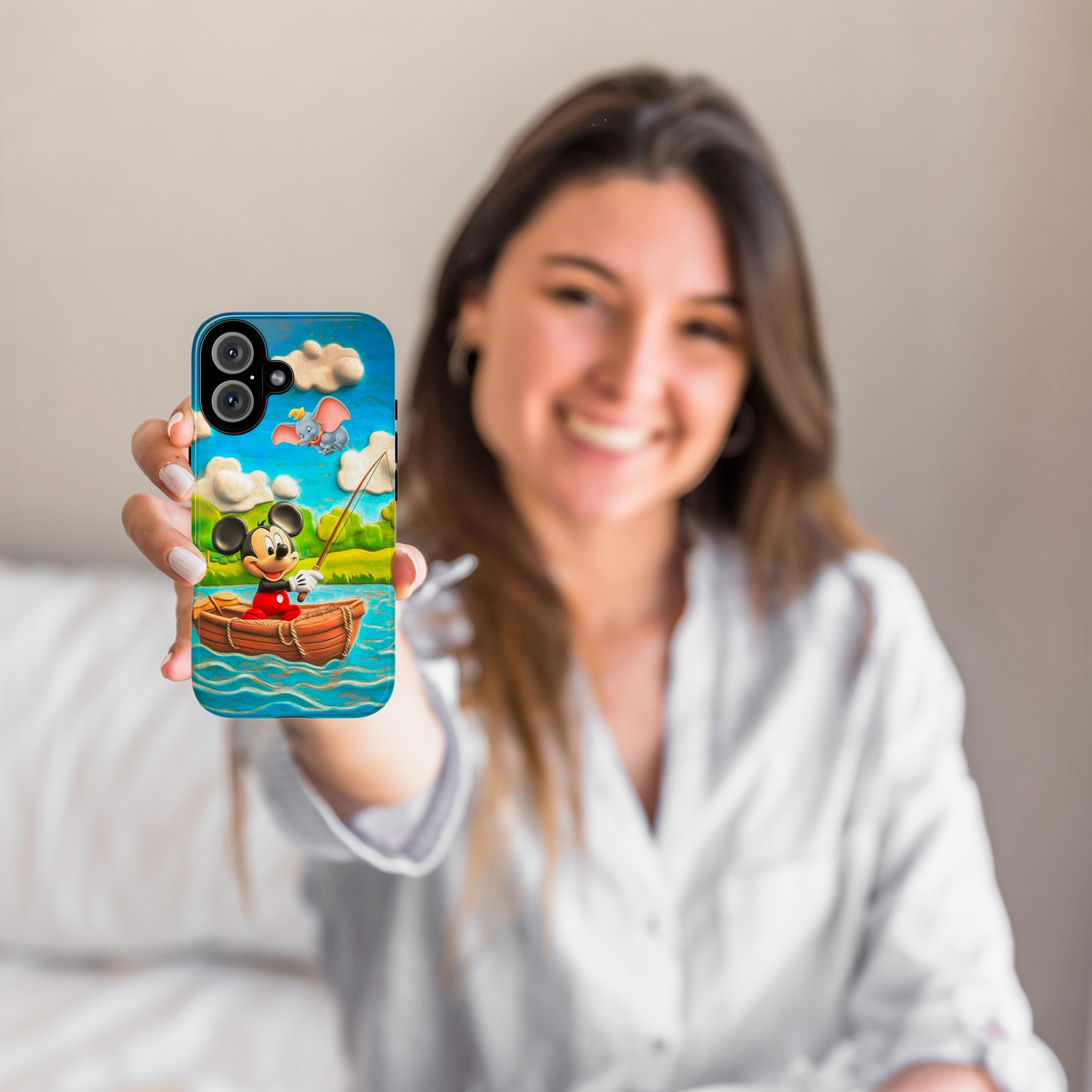 Mickey Mouse & Dumbo Fishing Phone Case, Cute Disney Cartoon Boat Scene Phone Cover for iPhone 16, 15, 14 Tough or Magsafe, Samsung, 442.49