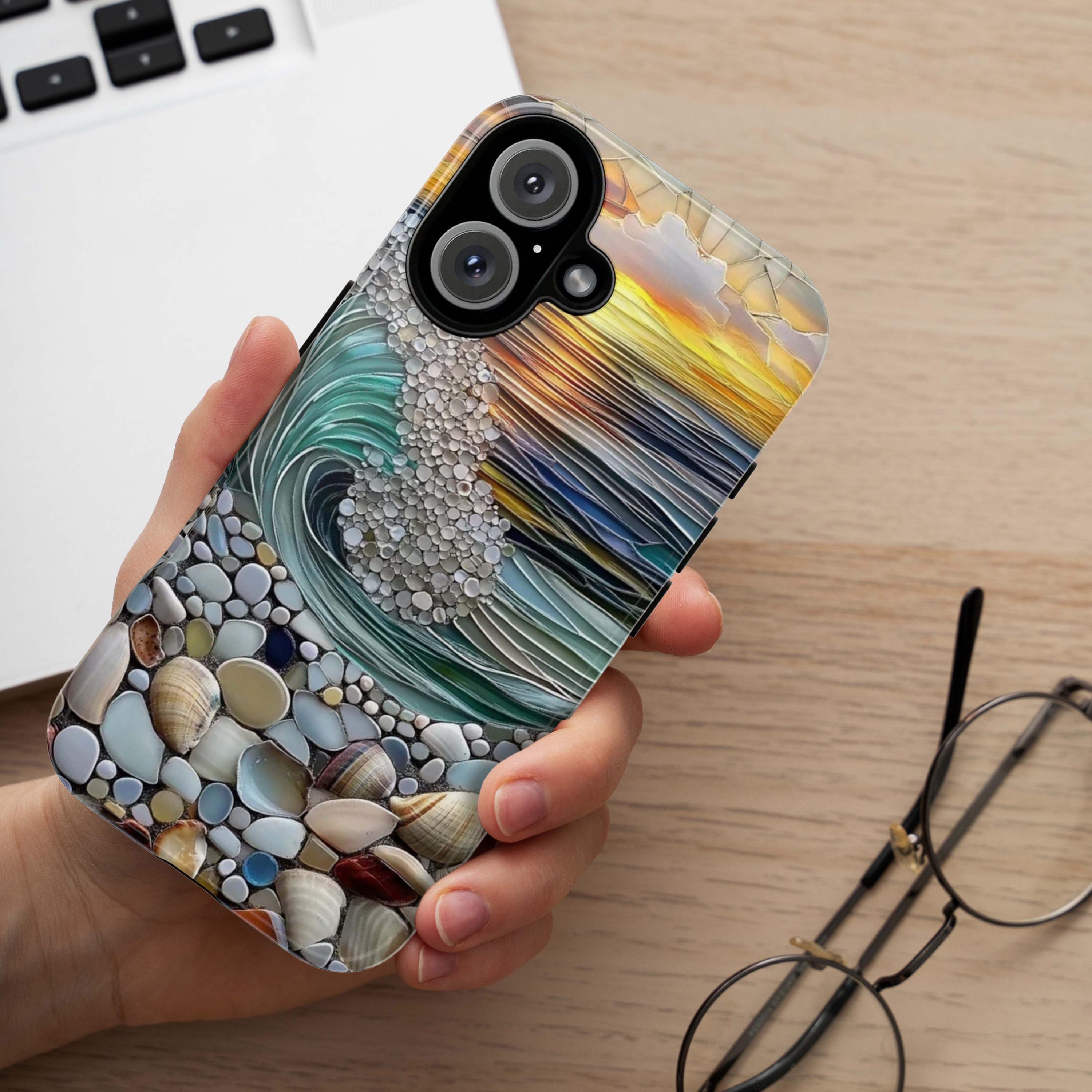 Summer Ocean Sunset Phone Case,  Stained Glass Effect Shell Design, Beach Vibes Coastal Art Cover for iPhone Touhg or Magsafe, 455.16
