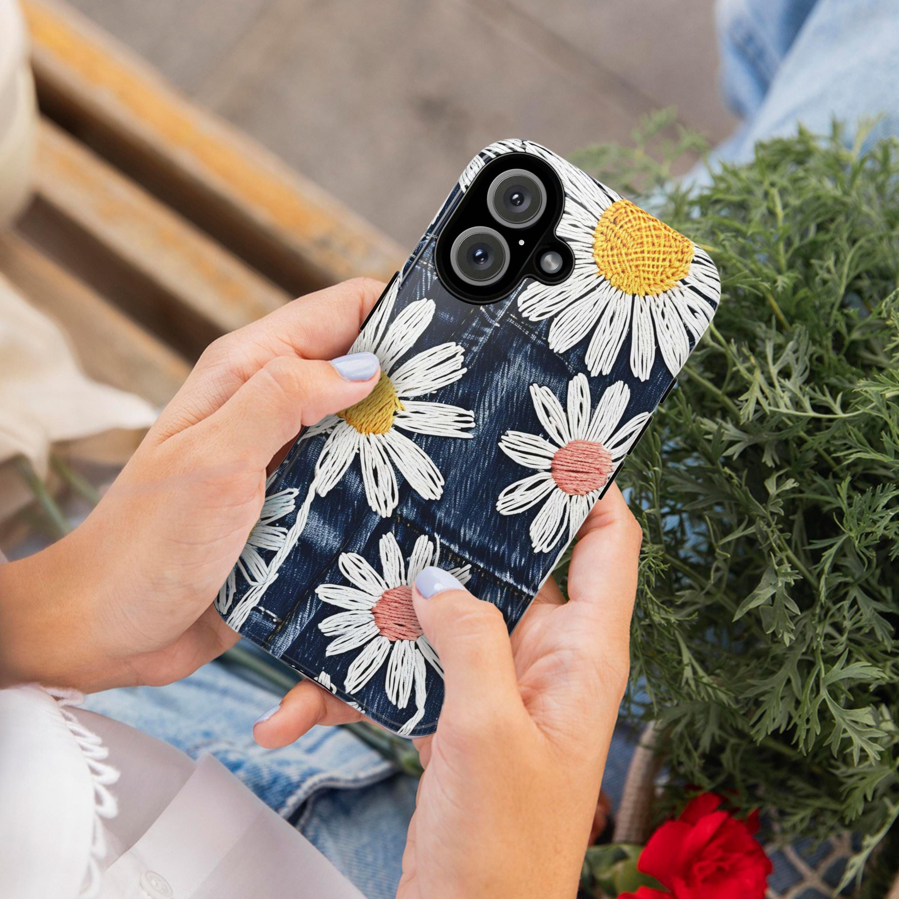 Embroidered Style Daisies on Denim Texture Phone Case, Floral Phone Cover for iPhone 16 Tough or Magsafe, Pixel 9, Samsung S25, 349.1
