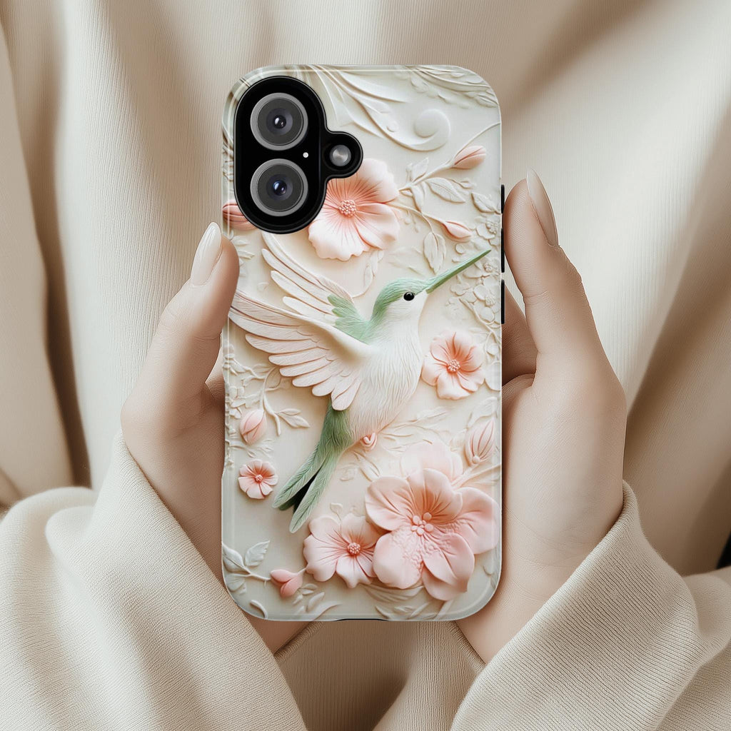 Cozy Hummingbird & Floral Blossom Phone Case, Spring 3D Flower Design for iPhone 16, 15, 14, 13 Tough or Magsafe, Samsung S24, 419.6