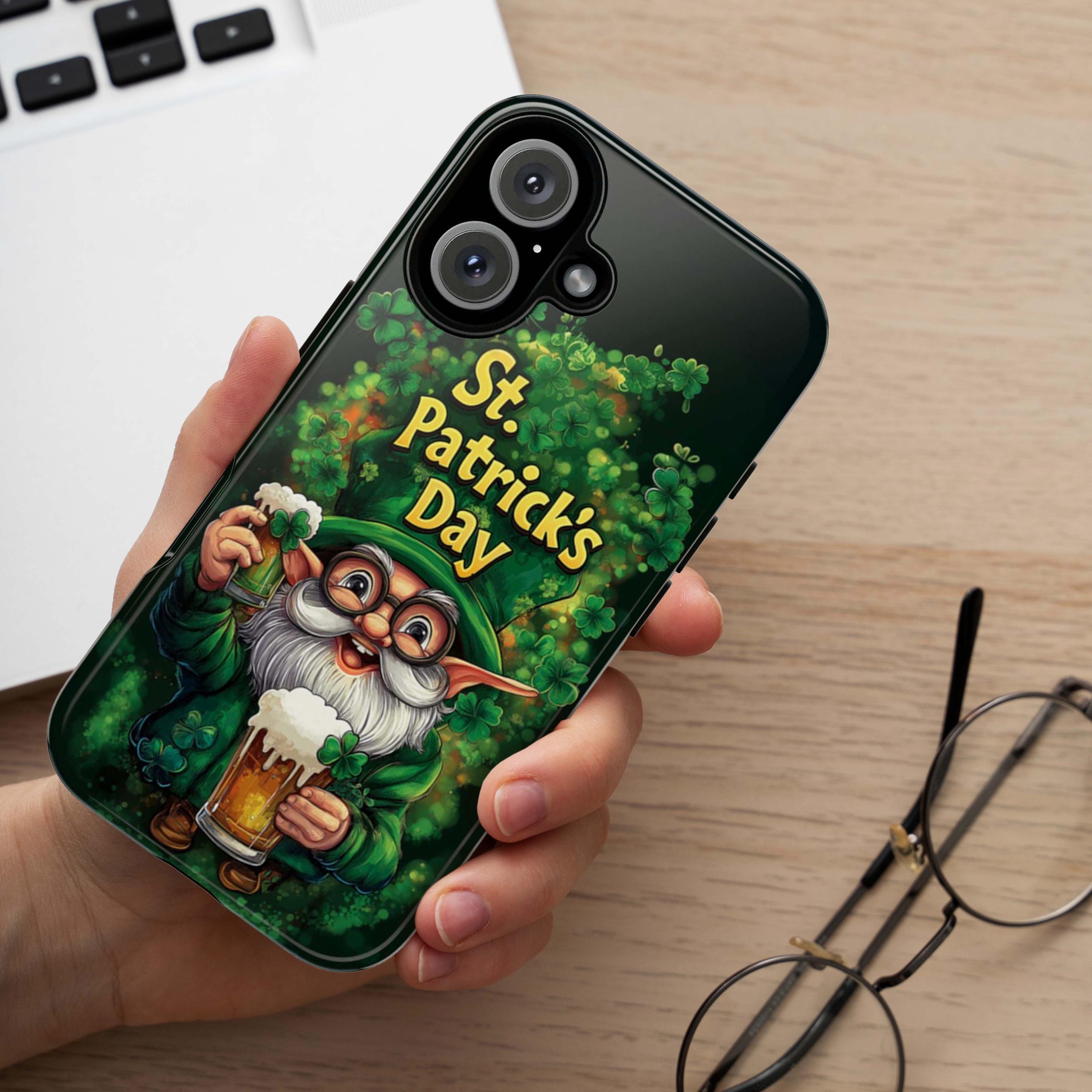 St. Patrick's Day Phone Case with Cute Gnome and Shamrocks, Lucky Irish Inspired Cover for iPhone 16, 15, Samsung Galaxy S24, 457.2