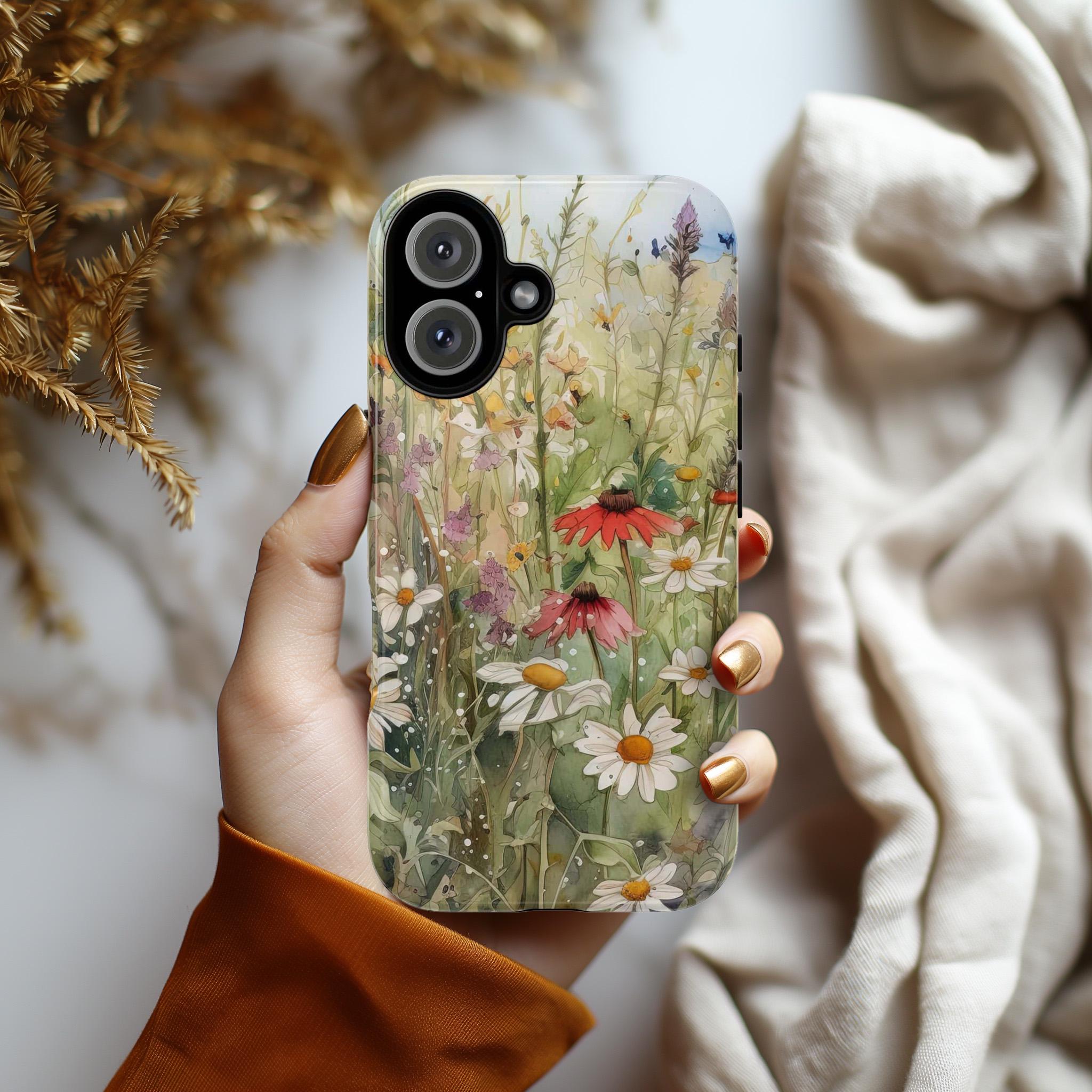 Floral Painting Phone Case, Watercolor Cottage Design, Meadow Floral Cover for iPhone 16 15 Magsafe, Samsung Galaxy S25, Pixel 9, 21.1