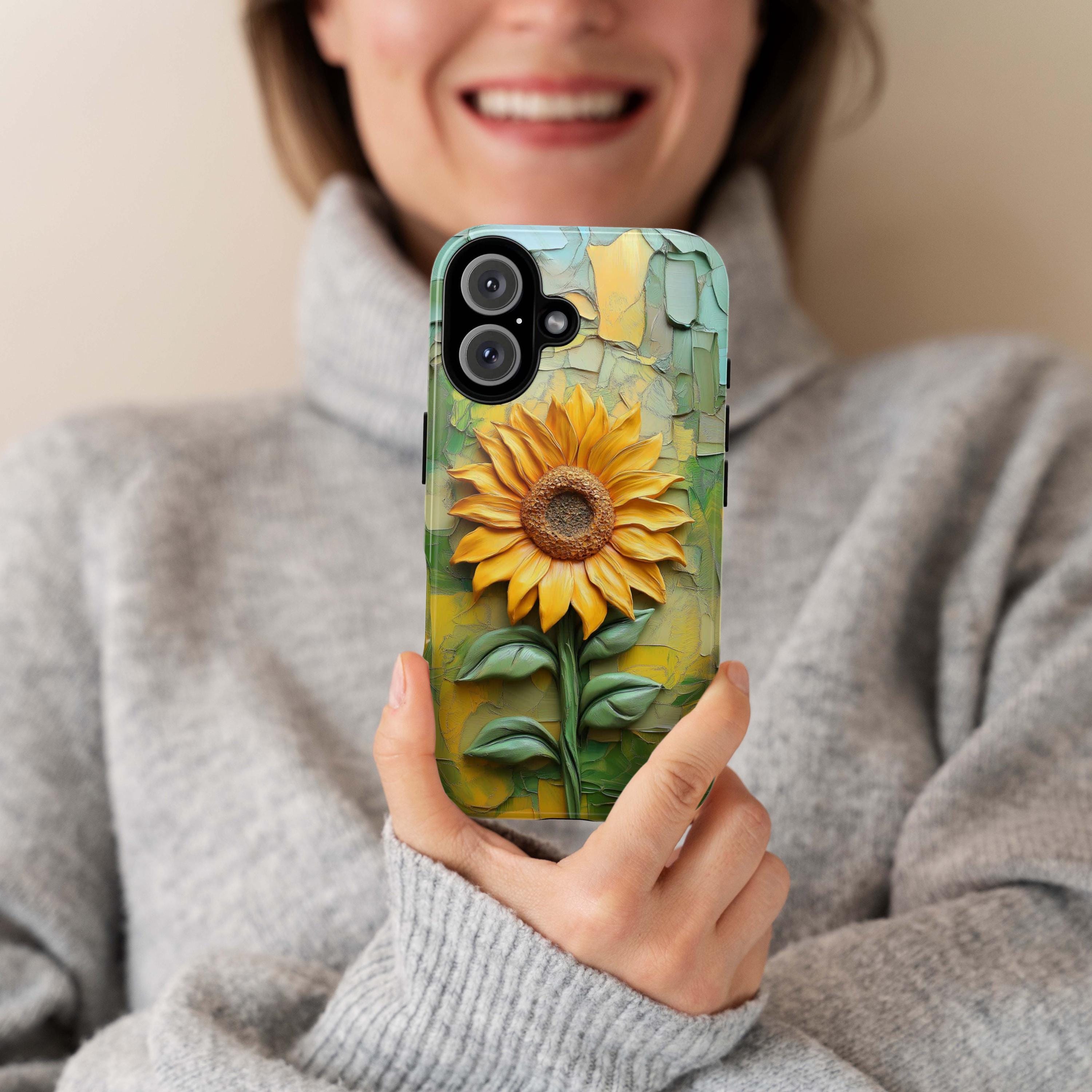 Summer Sunflower Oil Painting Phone Case, Yellow Flower Art Phone Cover for iPhone 16 15 14 13 Pro Max Plus Magsafe, Samsung S24, 439.24
