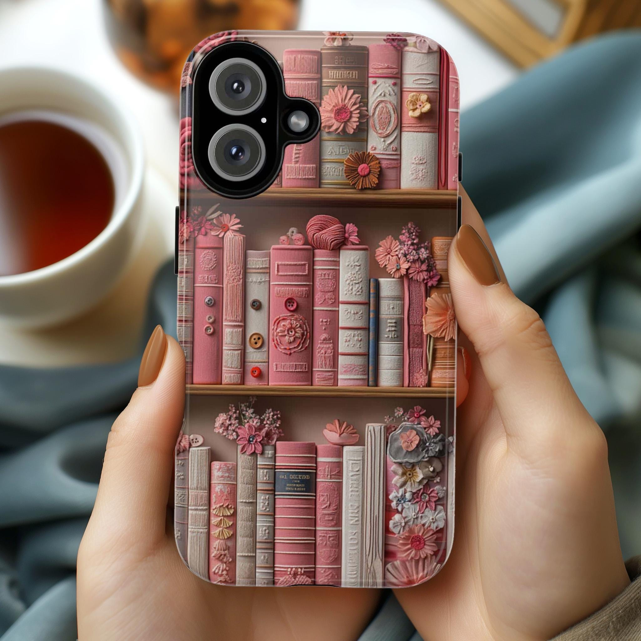 Vintage Pink Library Floral Phone Case, Book and Flowers Design, Bookworm Phone Case for iPhone 16 15 14 13 Magsafe, Samsung S25, 423.21