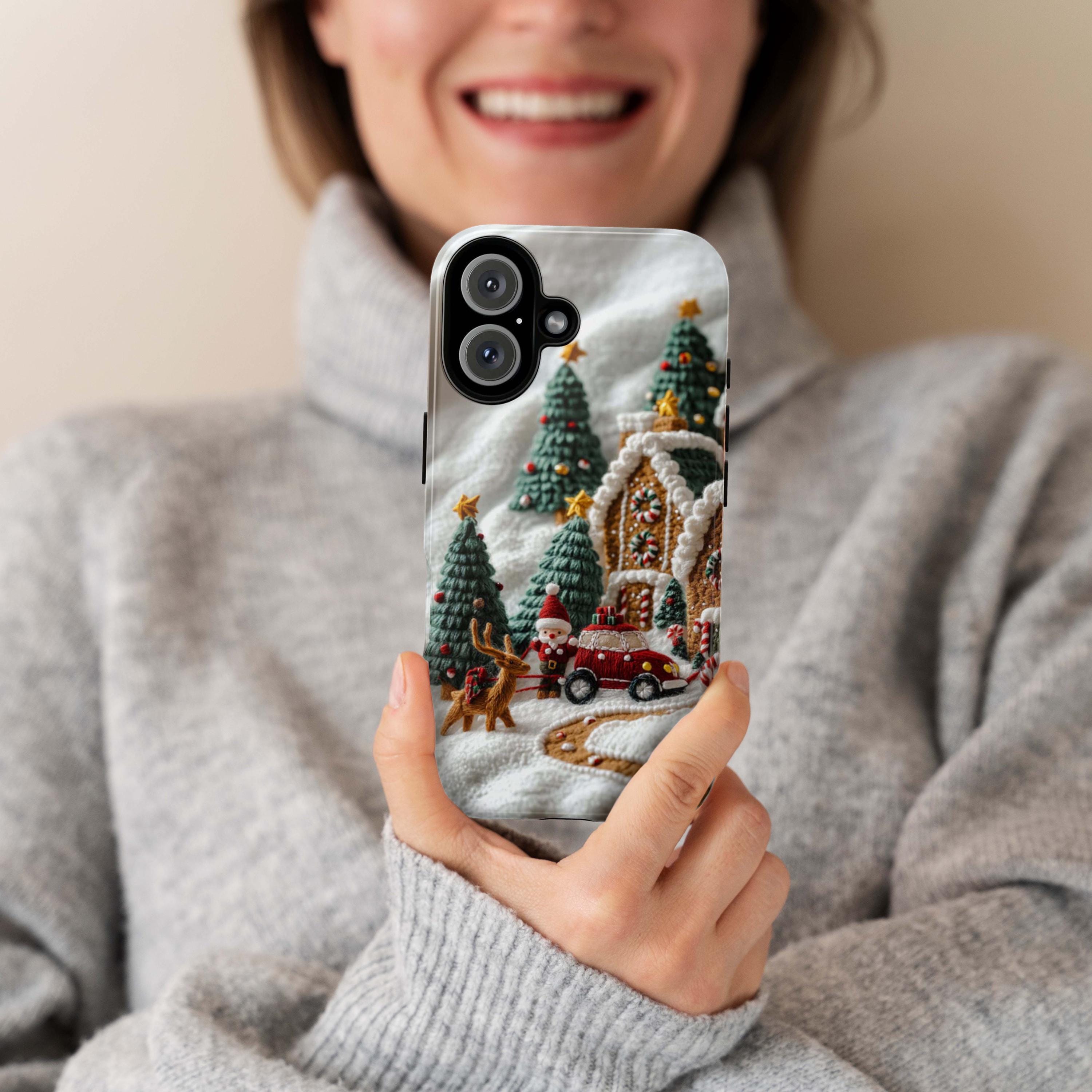 Winter Scene Embroidery MagSafe Phone Case, Cozy Winter Forest with Gingerbread House Phone 15 14 13 12 Pro Max Plus / Samsung S24, 444.11