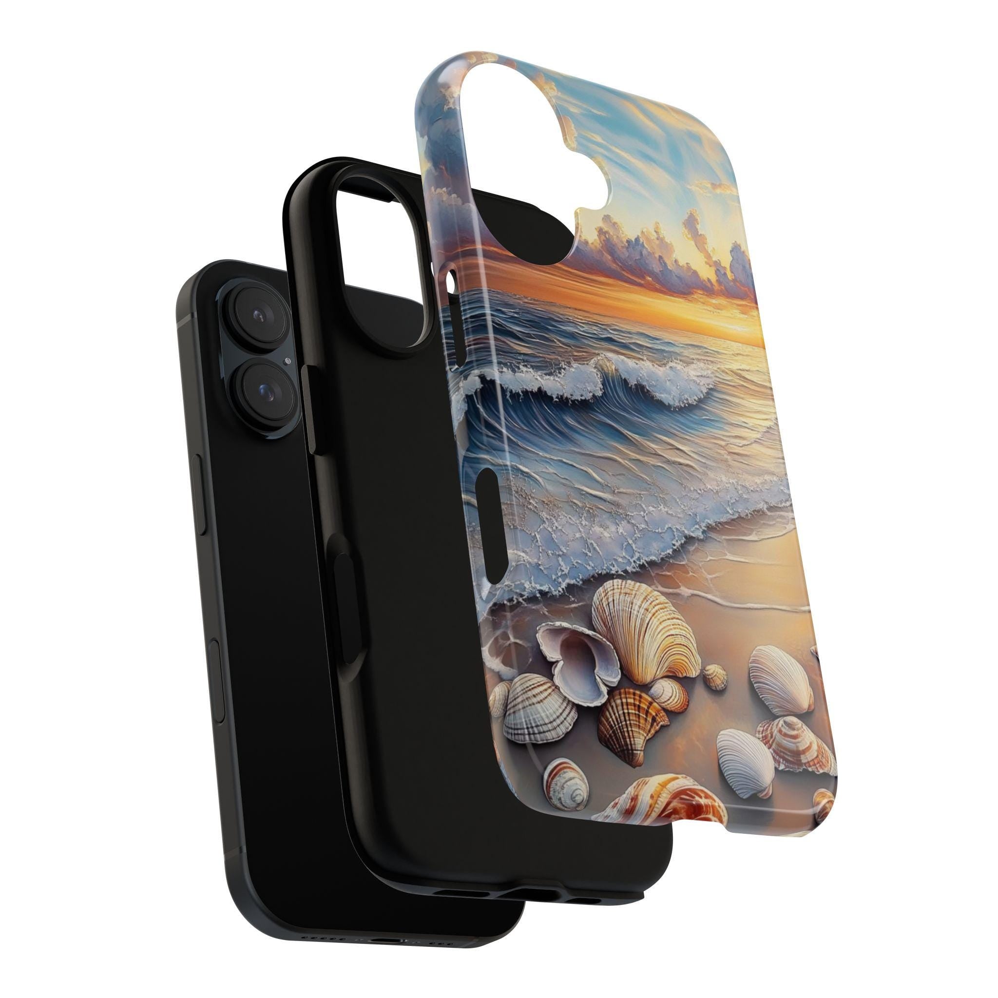 Ocean Sunset Seashell Wave Phone Cover, Coastal Beach Aesthetic Phone Case for iPhone 16, 15, 14, 13 Tough Magsafe, Samsung S25, 455.15