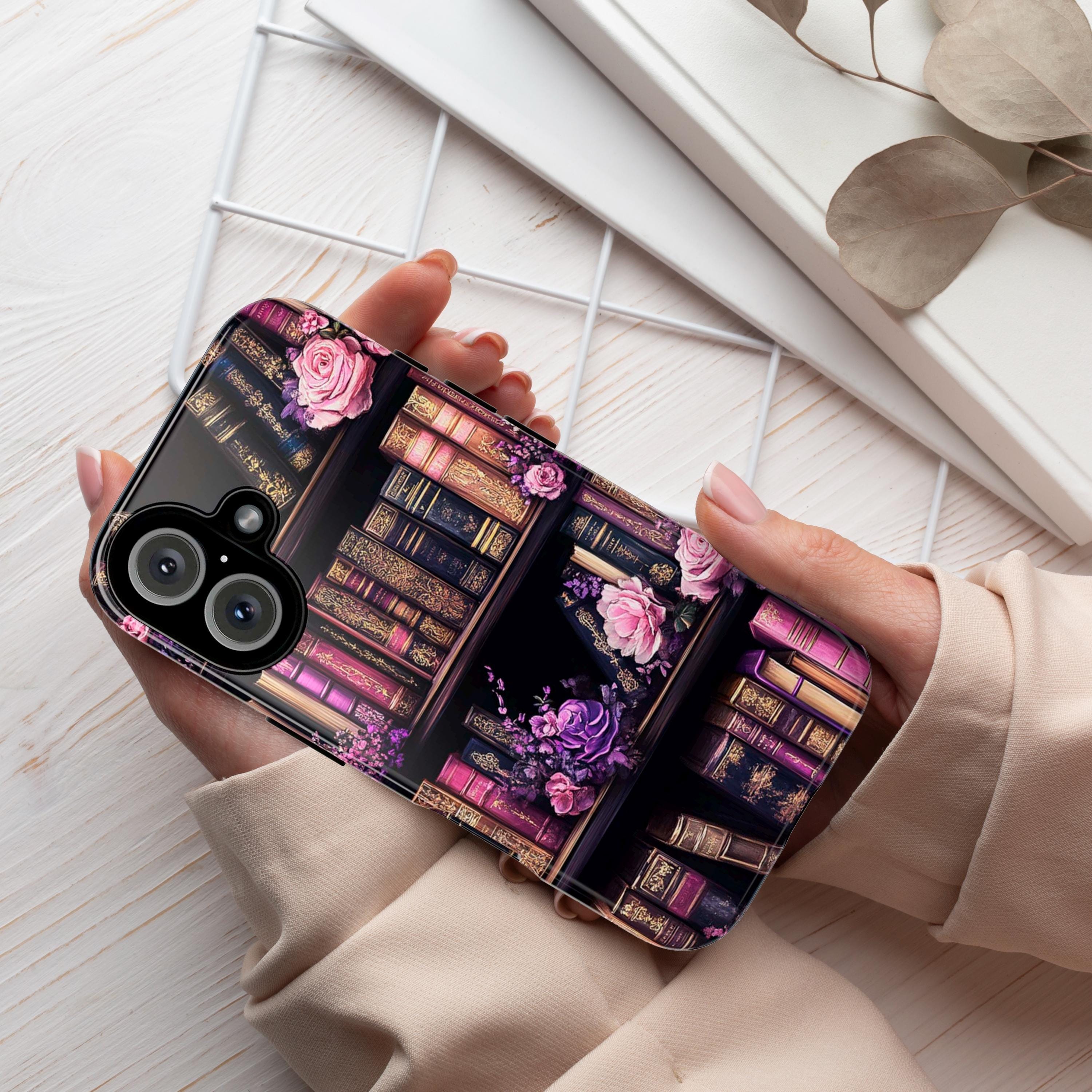 Gothic Dark Academia Floral Bookcase Phone Case, Vintage Book Lover Gift for iPhone 16 Pro Max 15 14 13 Plus, Samsung S24 S25 Ultra, 423.1