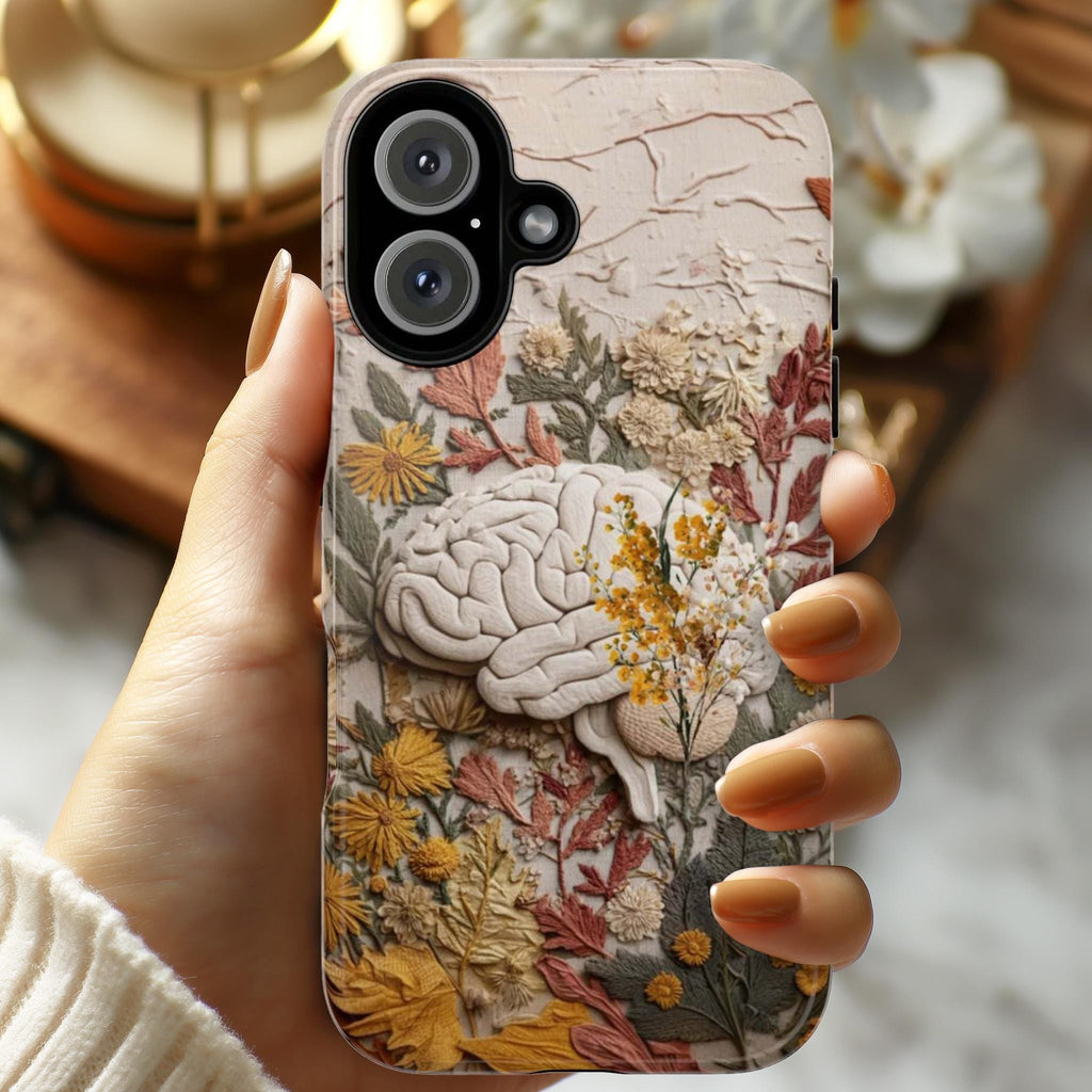 Fantasy Brain Floral Phone Case, Anatomical Brain & Autumn Flowers, Anatomy Art for iPhone 17 16 Tough or Magsafe, Samsung, 430.8
