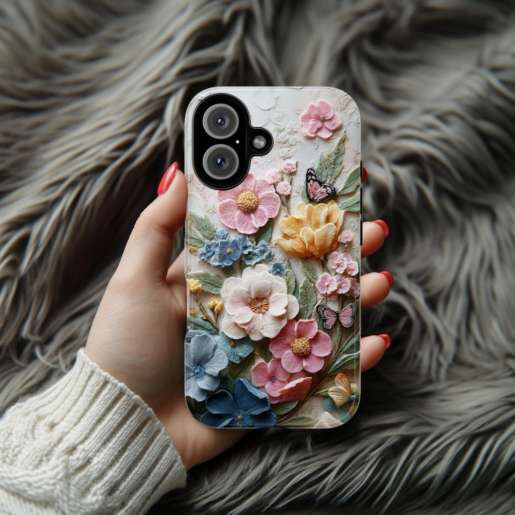 3D Flower and Butterfly Phone Case with Wool Felt Effect, Soft Textured Floral Design Cover for iPhone Tough or Magsafe, Samsung, 476.18