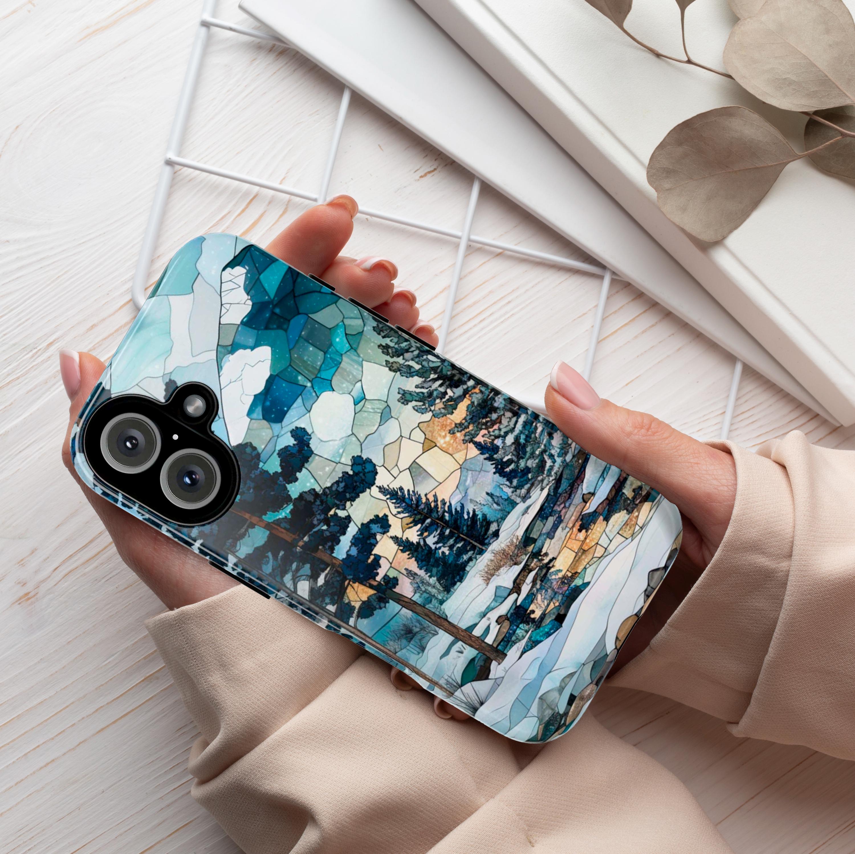 3D Winter Landscape Stained Glass Design Phone Case, Winter Forest Phone Cover for iPhone 15 14 13 12 11 8 Pro Max Plus, Samsung S25, 420.3