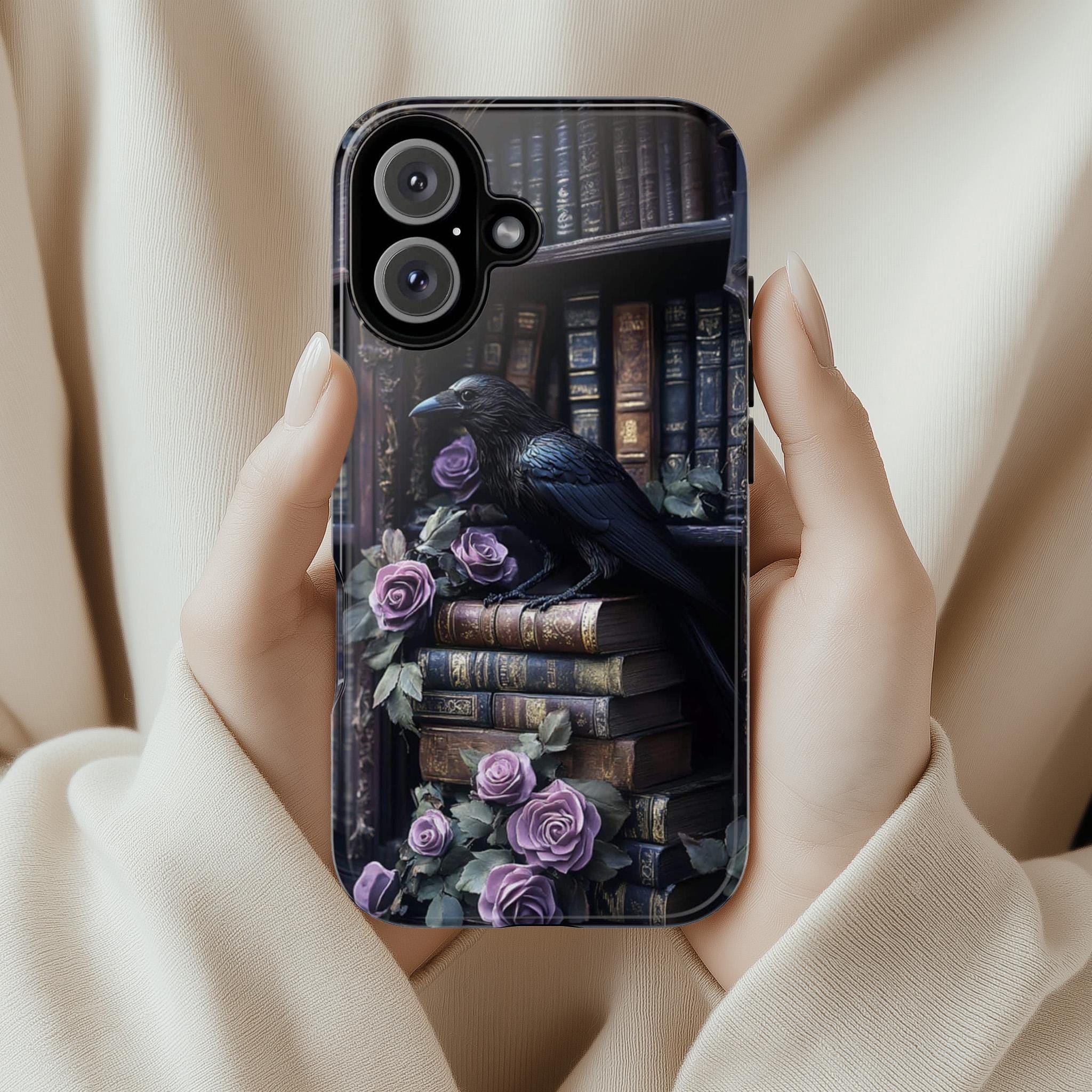 Black Crow with Autumn Bookshelf and Flowers Phone Case, Gothic Dark Academia, Mystical Cat and Floral Art for iPhone 16, Samsung, 423.8