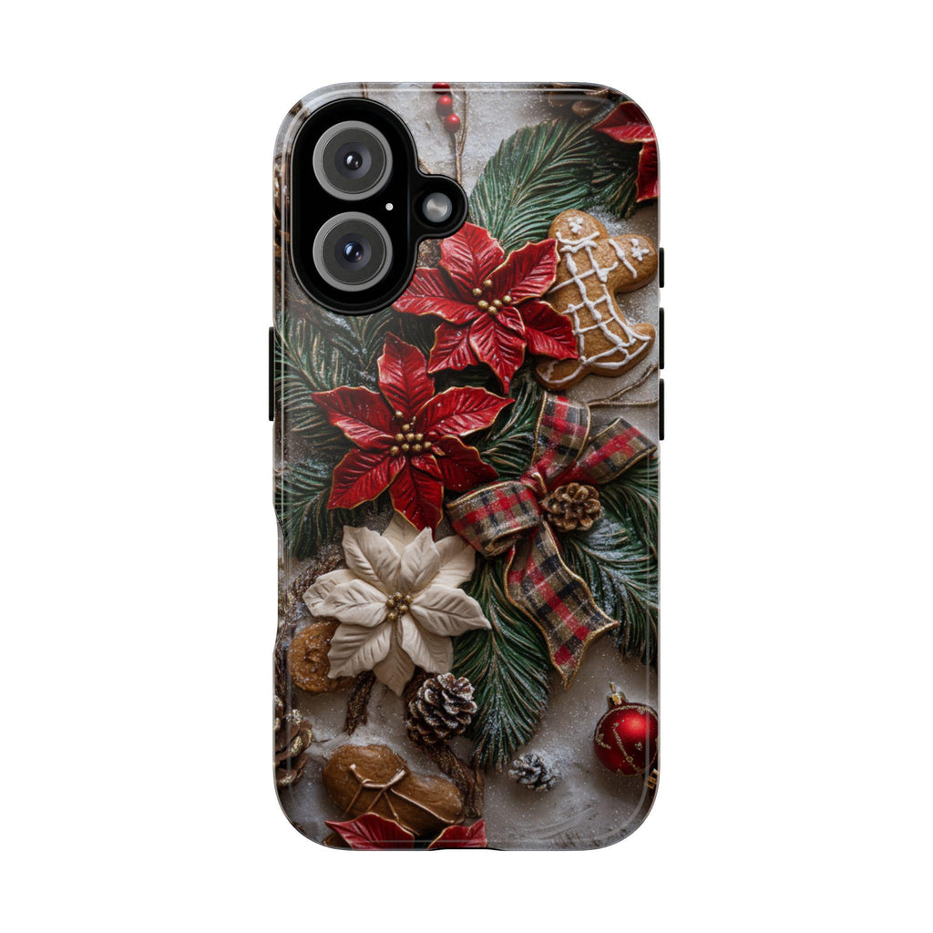 Xmas 3D Poinsettia Floral Phone Case, Holiday Red Green Brown light glitter effect for iPhone 16 15 14 13 Magsafe Plus, Samsung S24, 437.3