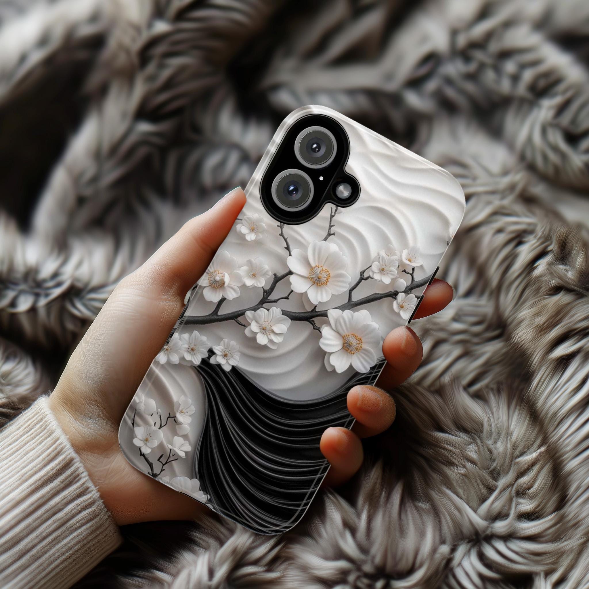 Cherry Blossom 3D Elegant Phone Case, Black White Japanese Art Cover, Floral Sakura Case for iPhone 16 15 14 13, Samsung S25, 469.1