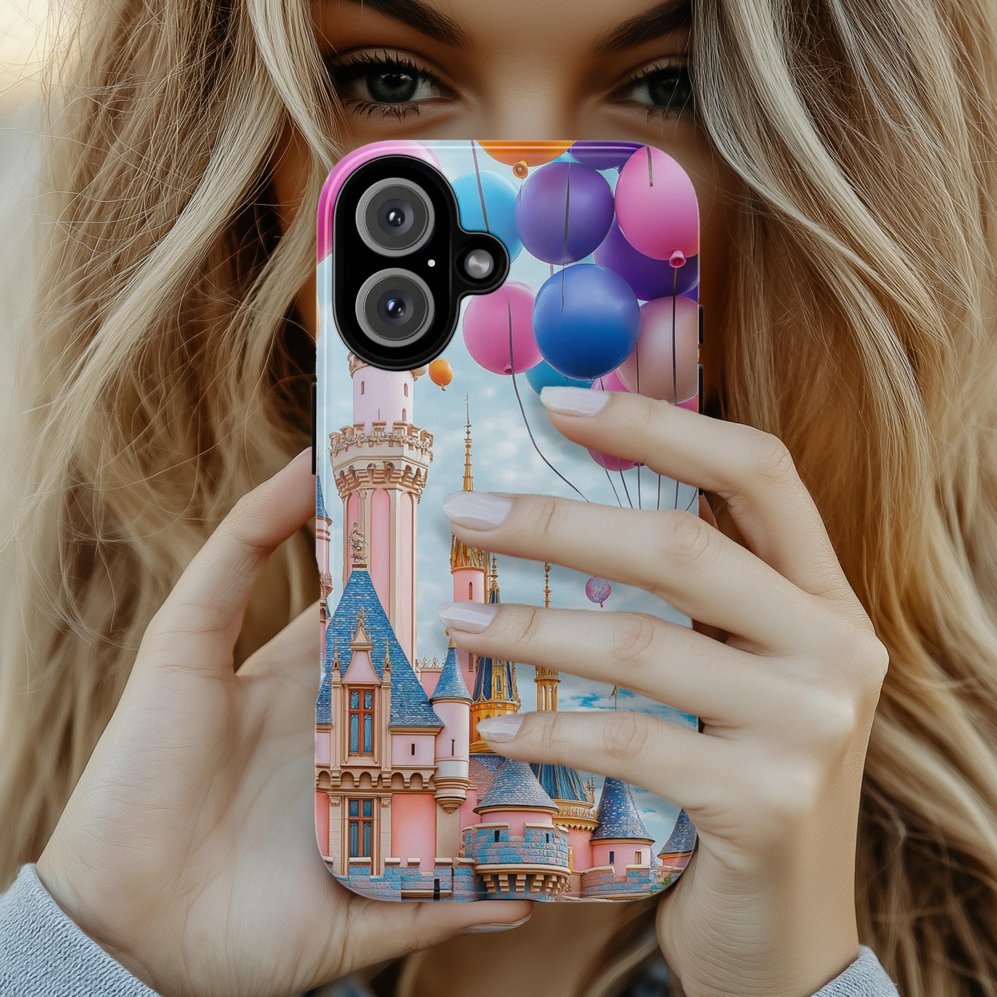 Disneyland & Ballons 3D Phone Case, Colorful Design Disneyland Lovers Case for iPhone 16 15 14 13 Pro Max Plus Magsafe, Samsung S24, 442.35