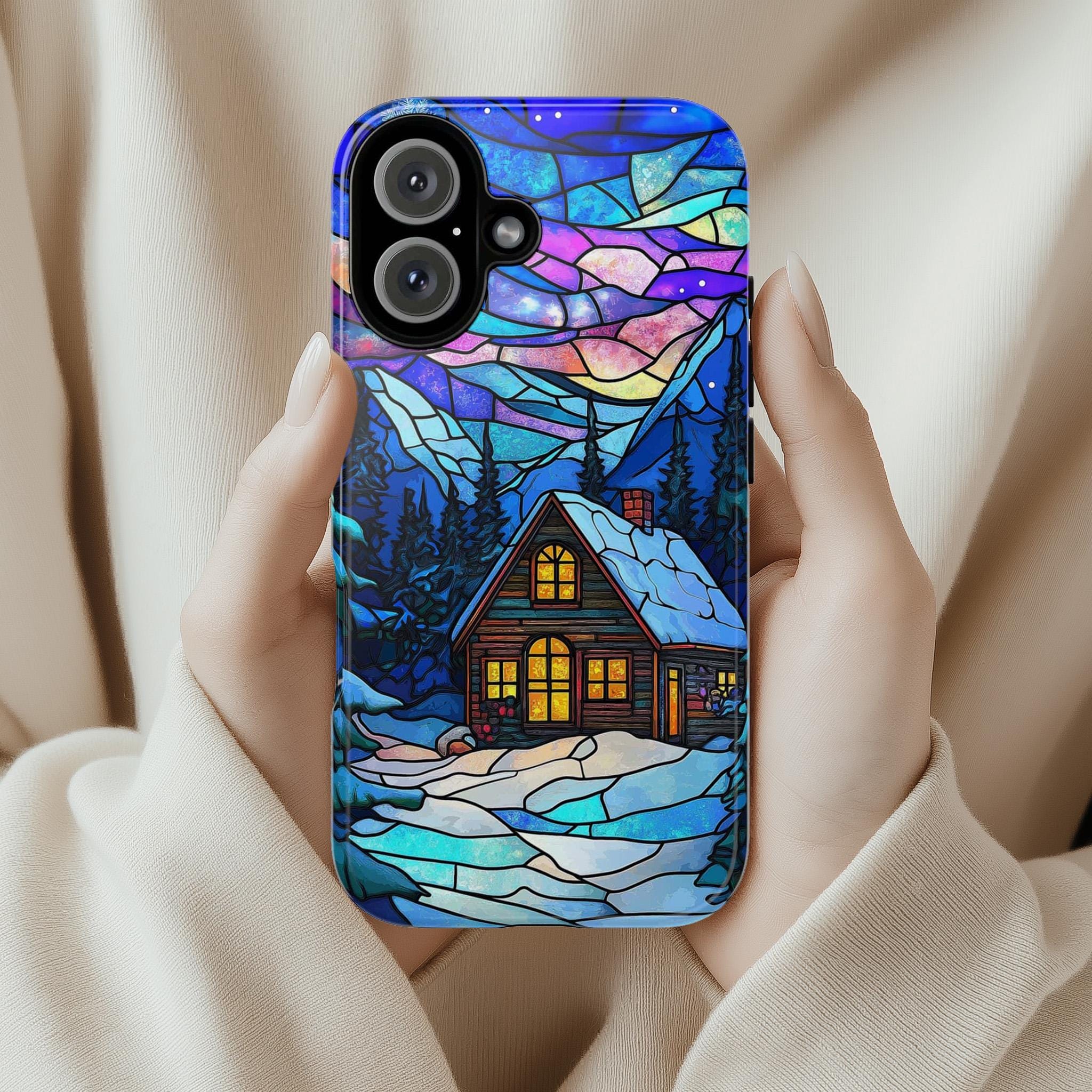 Winter Fairytale Stained Glass Landscape Phone Case, Christmas Holiday Phone Cover for iPhone 15 14 13 12 Pro Max Plus, Galaxy S25, 417.1