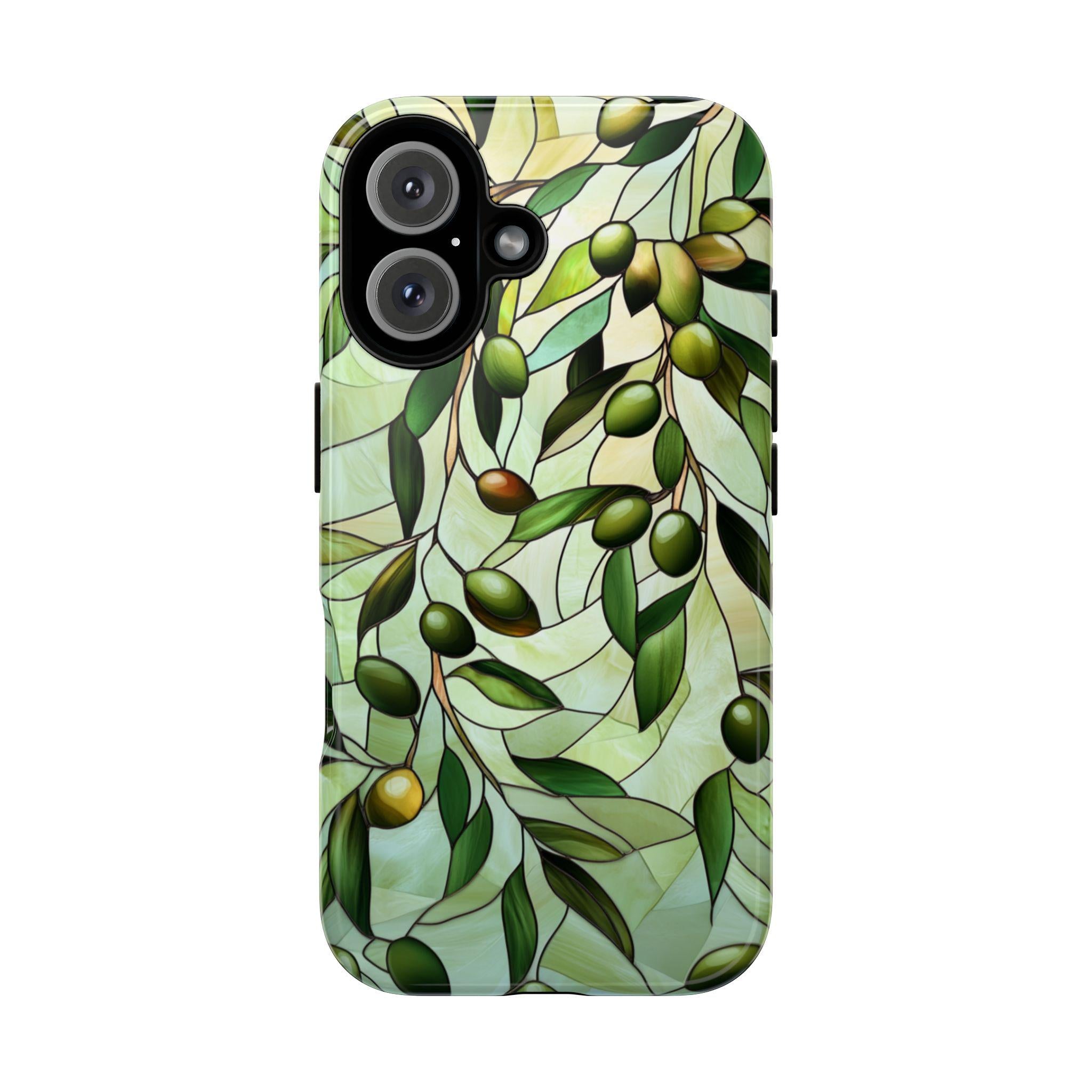 Pastel Olives Stained Glass Phone Case, 3D Green Olive Branch Magsafe for iPhone 16 15 14 13 12 11 Pro Max Plus / Samsung S24 Pixel, 418.7