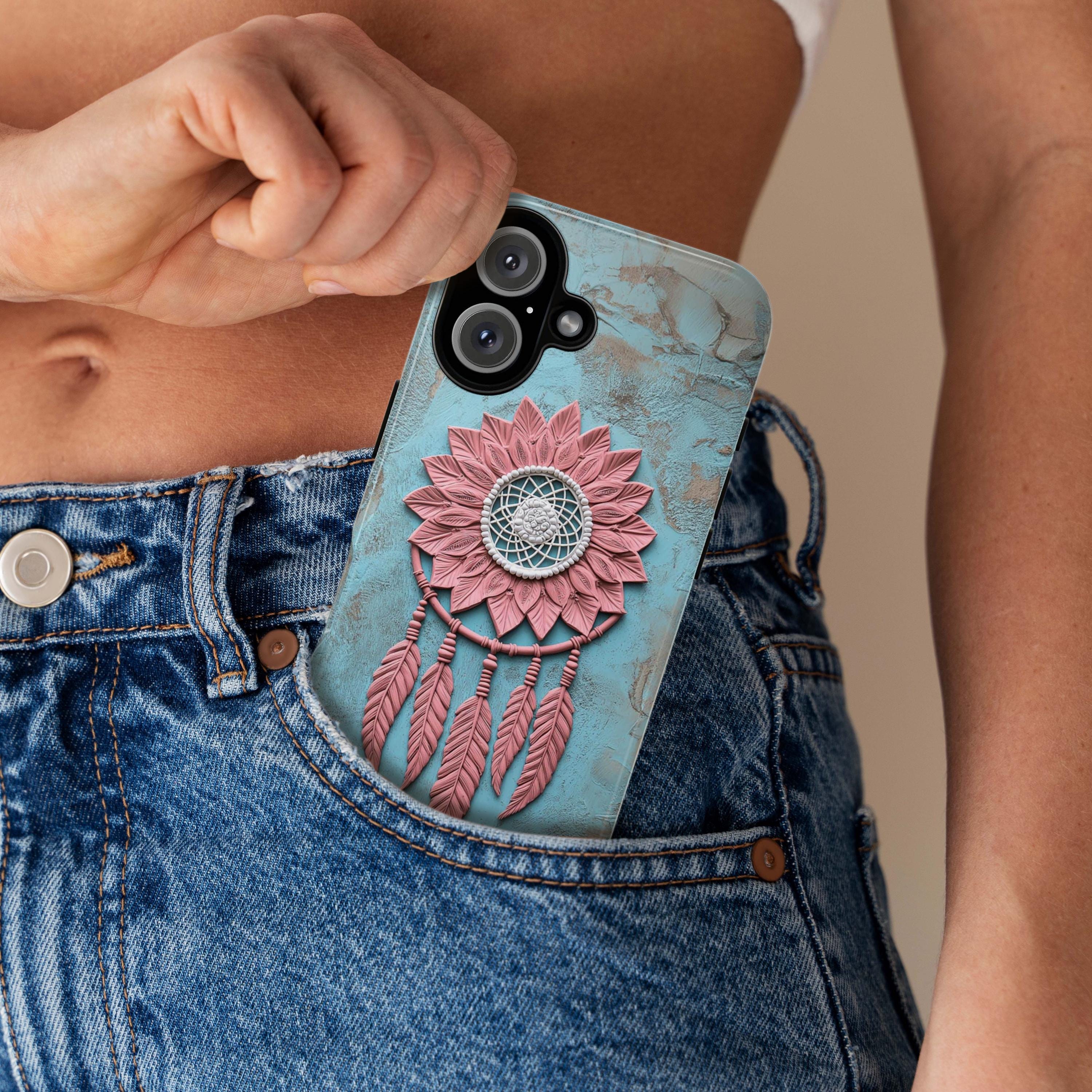 Pastel Pink and Blue Dreamcatcher Phone Case, 3D Art Design, Boho Chic Protective Cover for iPhone 16, 15, Samsung Galaxy S24, 439.20