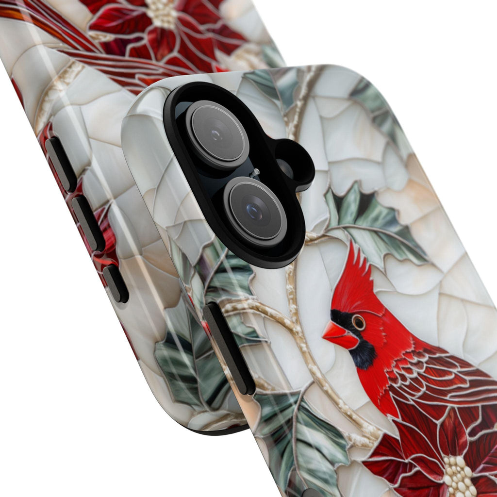 Cardinal & Poinsettia Stained Glass Winter Phone Case,  Red Bird and Floral Design MagSafe for iPhone 16 15 14 13, Samsung S24, 420.8