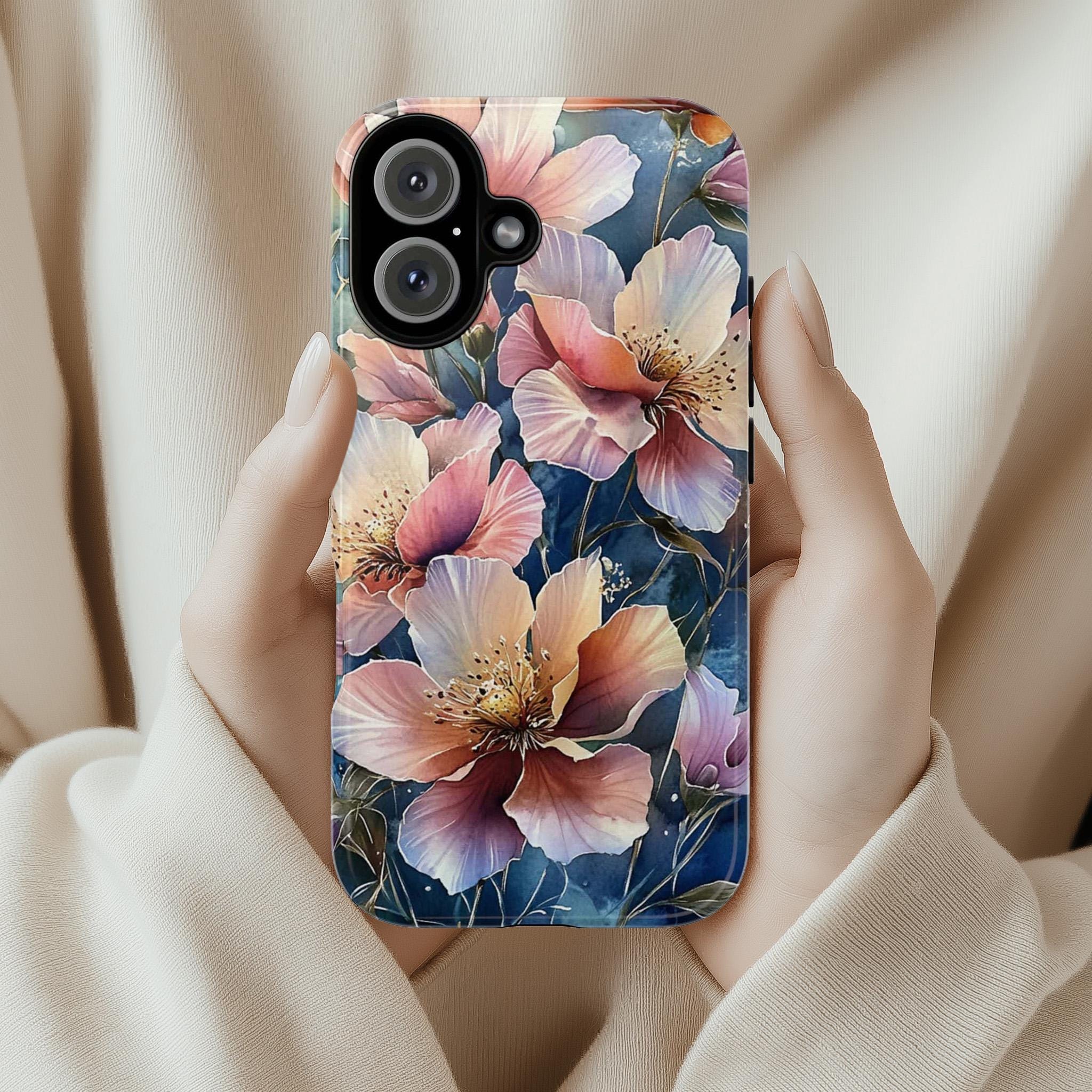 Vintage Style Phone Case, Pink Lilies Design Phone Cover, Feminine & Elegant Accessory for iPhone Tough or Magsafe, Samsung, 476.9