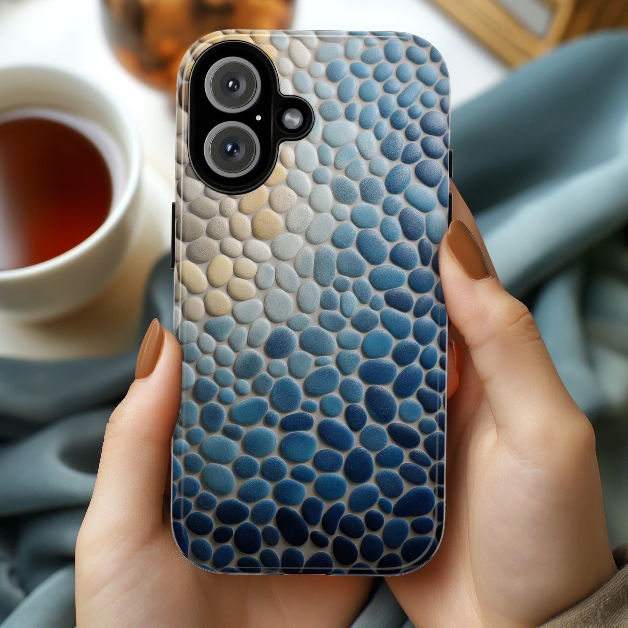 3D Textured Ocean Pebble Phone Case, Coastal Nature Cover, Natural Stones Case for iPhone 16 15 14 13 Tough or Magsafe, Samsung, 466.9