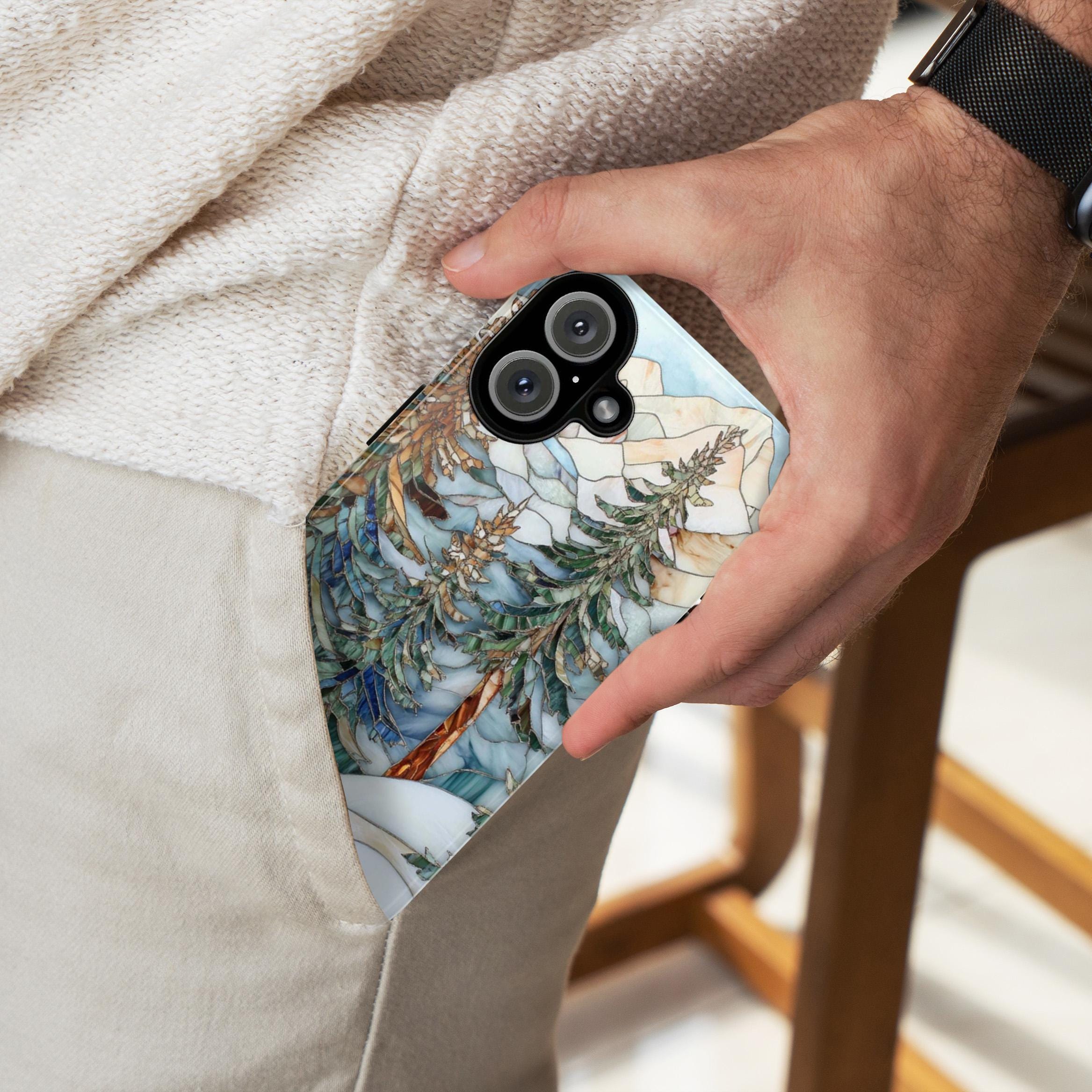 Winter Landscape Pine Trees Stained Glass Effect Phone Case, Xmas Phone Cover for iPhone 16 15 14 13 Pro Max Plus Magsafe, Galaxy S25, 420.2