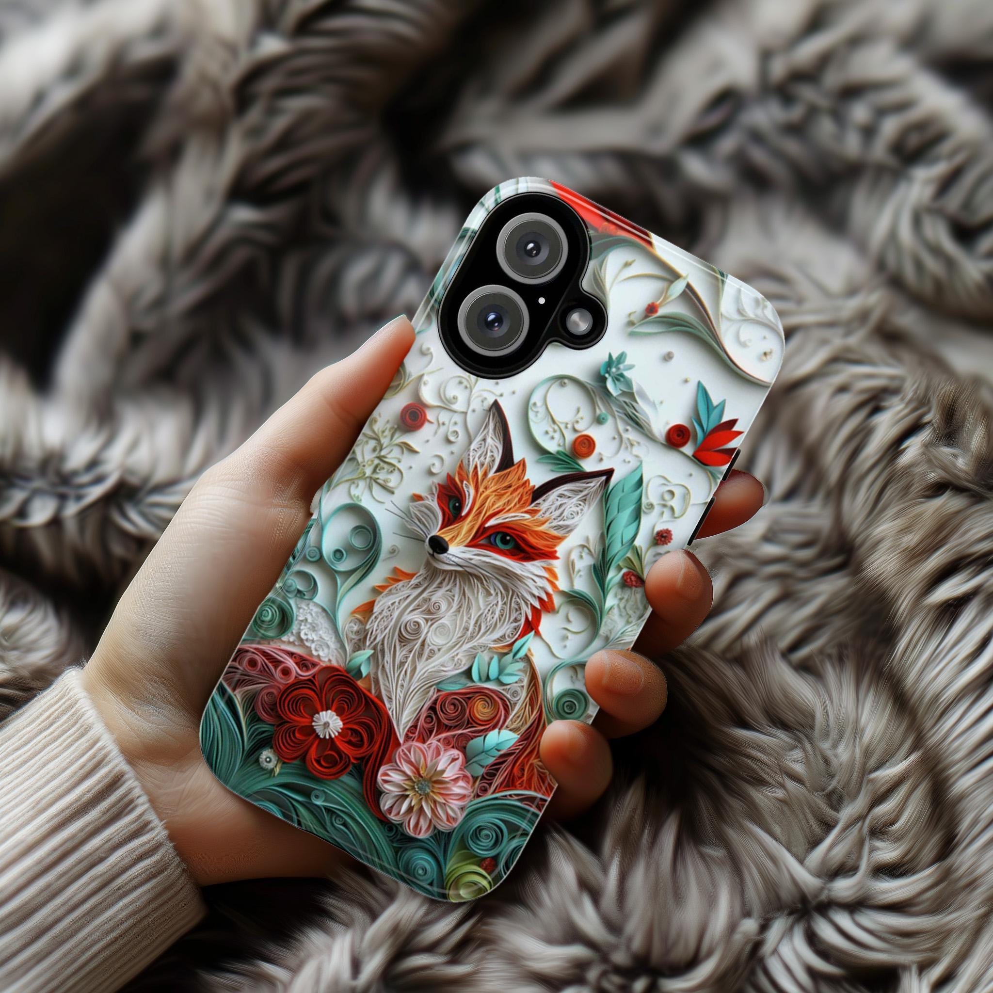 3D Paper Art Fox Phone Case with Floral Design | Nature Woodland Animal Phone Cover for iPhone 17 16 15 Tough or Magsafe, Samsung, 470.19