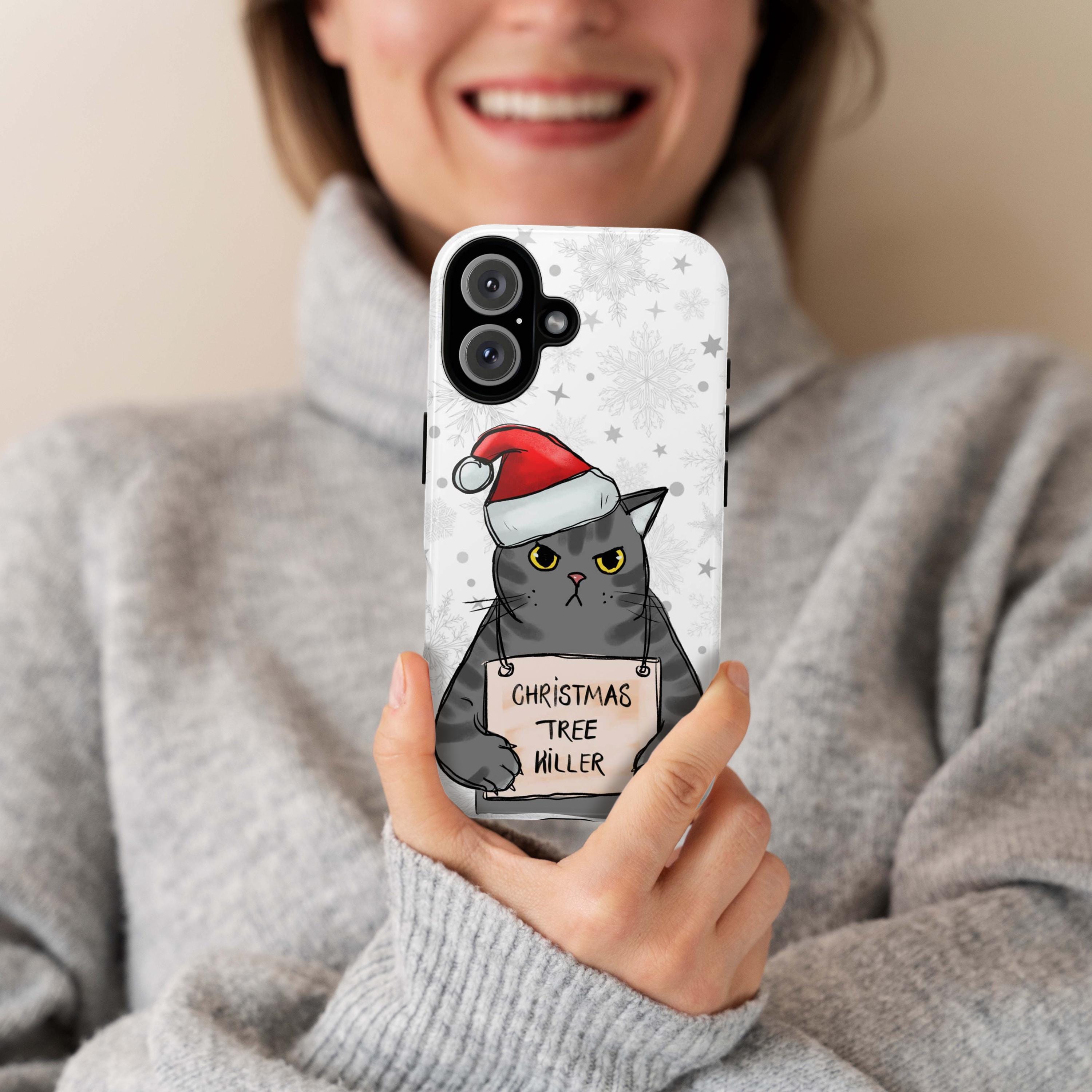 Christmas Tree Killer Phone Case, Meowy Catmas Phone Cover, Cat Lover Case for iPhone 16 15 14 13 Pro Max Plus, Samsung S25, 172