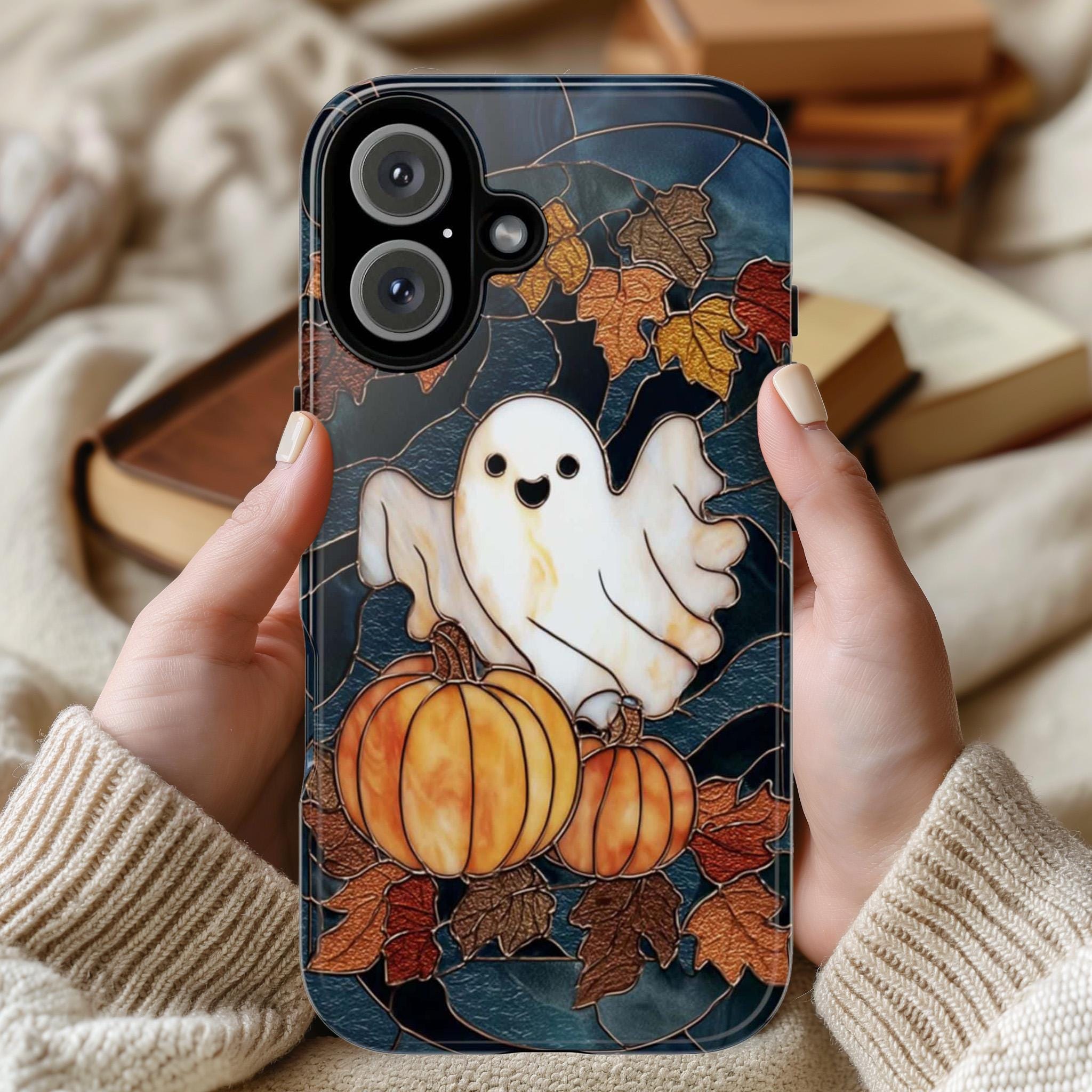Spooky Fall Ghost & Pumpkin Phone Case | Cute Halloween Design Stained Glass Effect Cover for iPhone 16 15 Tough or Magsafe, Samsung, 475.25