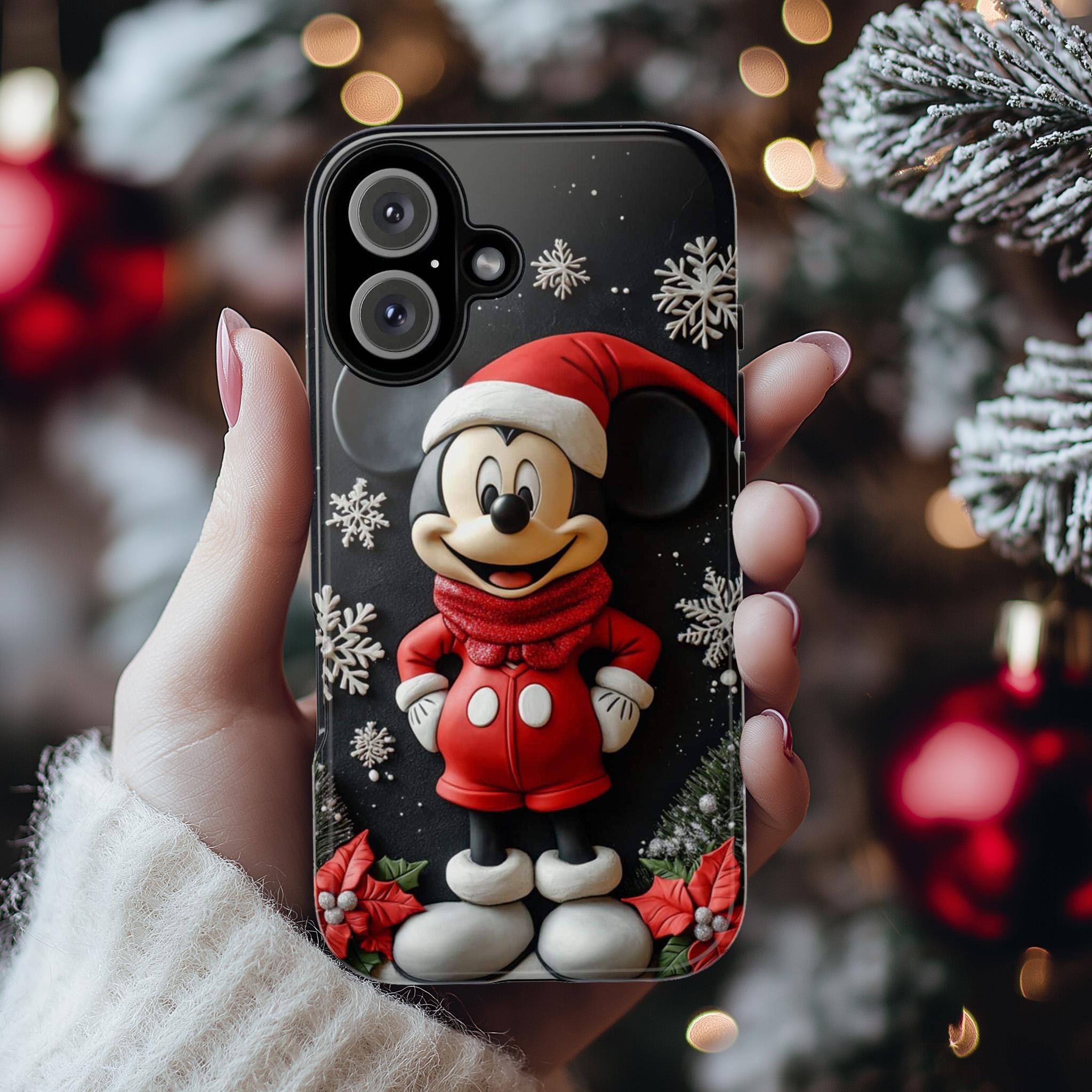 Santa Mickey Mouse 3D effect Phone Case, Cartoon Design, Disney Christmas Poinsettias Case for iPhone 16 15 Magsafe, Samsung S24, 442.23