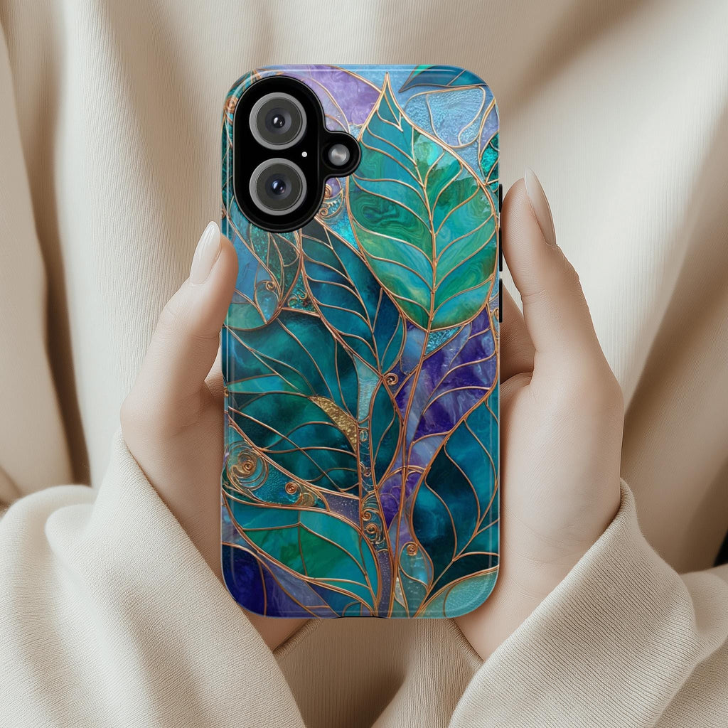 Green and Blue Leaf Phone Case with Gold Accents, Stained Glass Effect Artistic Nature Botanical Phone Cover for iPhone & Samsung, 478.7