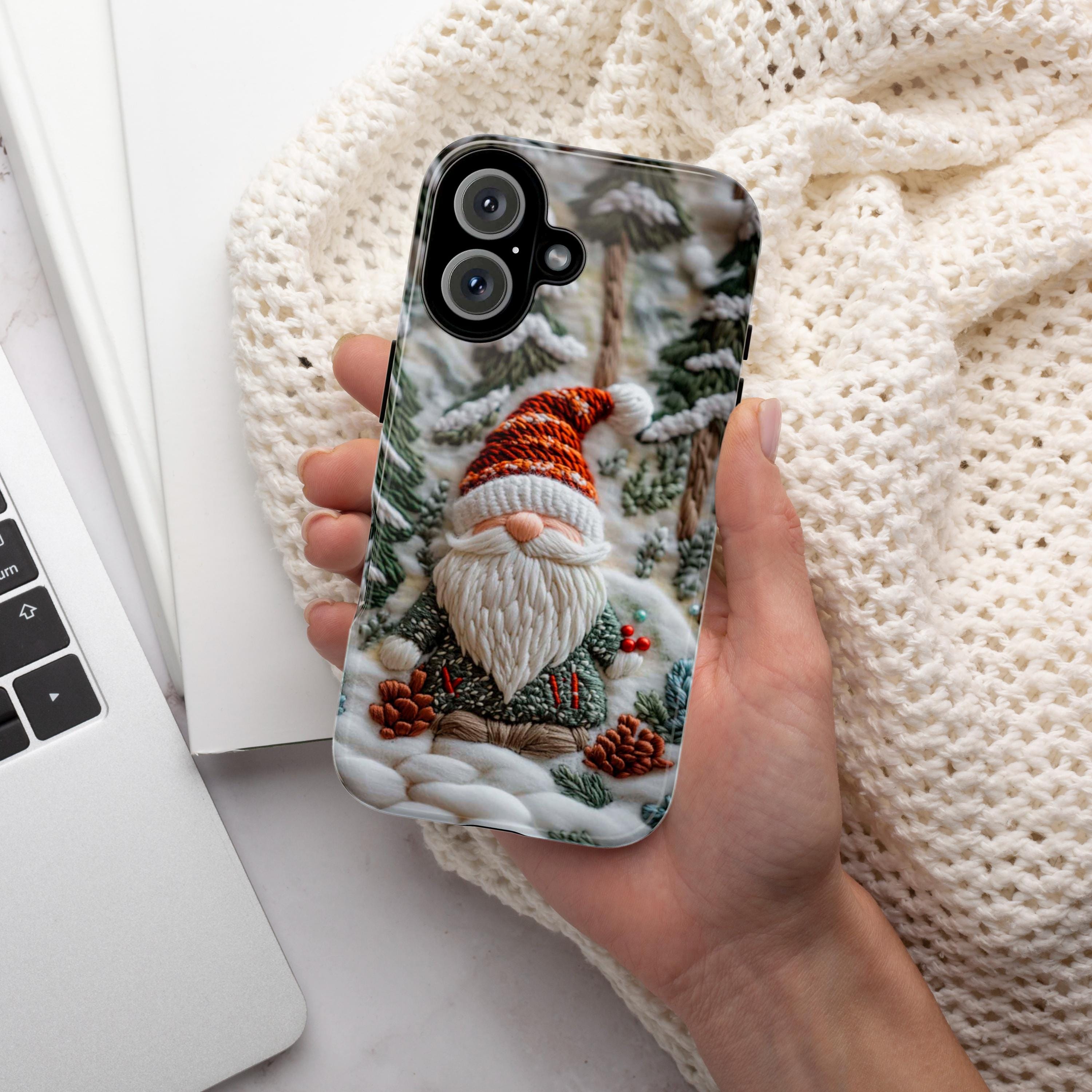 Winter Gnome Embroidery MagSafe Phone Case, Cozy Winter Design with Snowy Forest Phone 15 14 13 12 Pro Max Plus / Samsung S24, 444.9