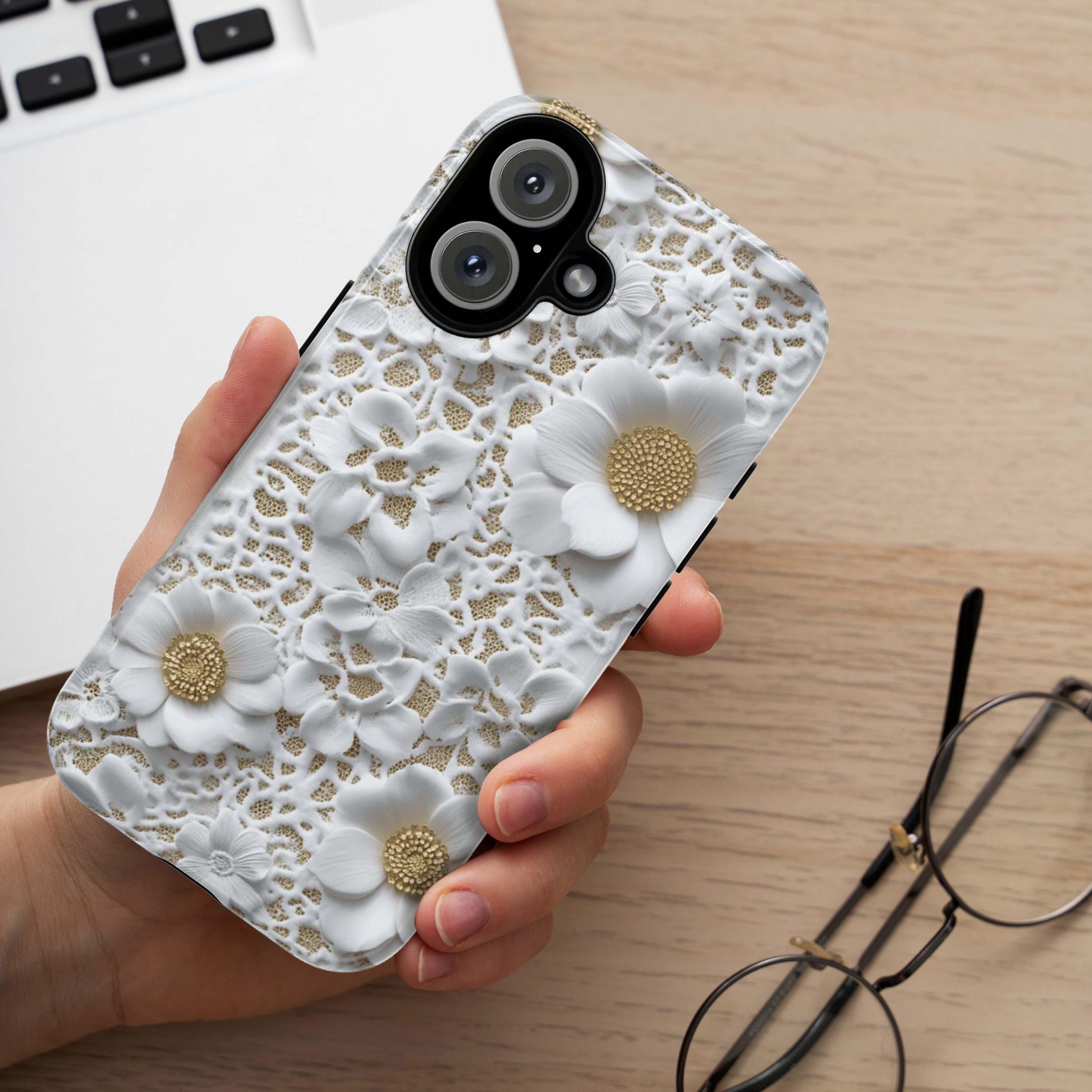 Elegant White Lace Floral Phone Case, Wedding Gift for Bride Cover, Bridal Accessory for iPhone 17 16 15 Tough or Magsafe, Samsung, 439.79