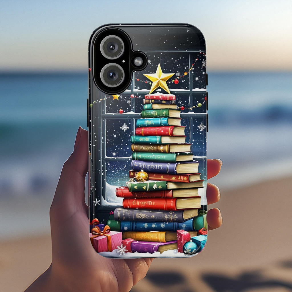 Christmas Tree with Books Holiday Phone Case, Elegant Winter Snowy Scenet Case for iPhone 16 Pro Max 15 14 Plus, Samsung S25, 431.1