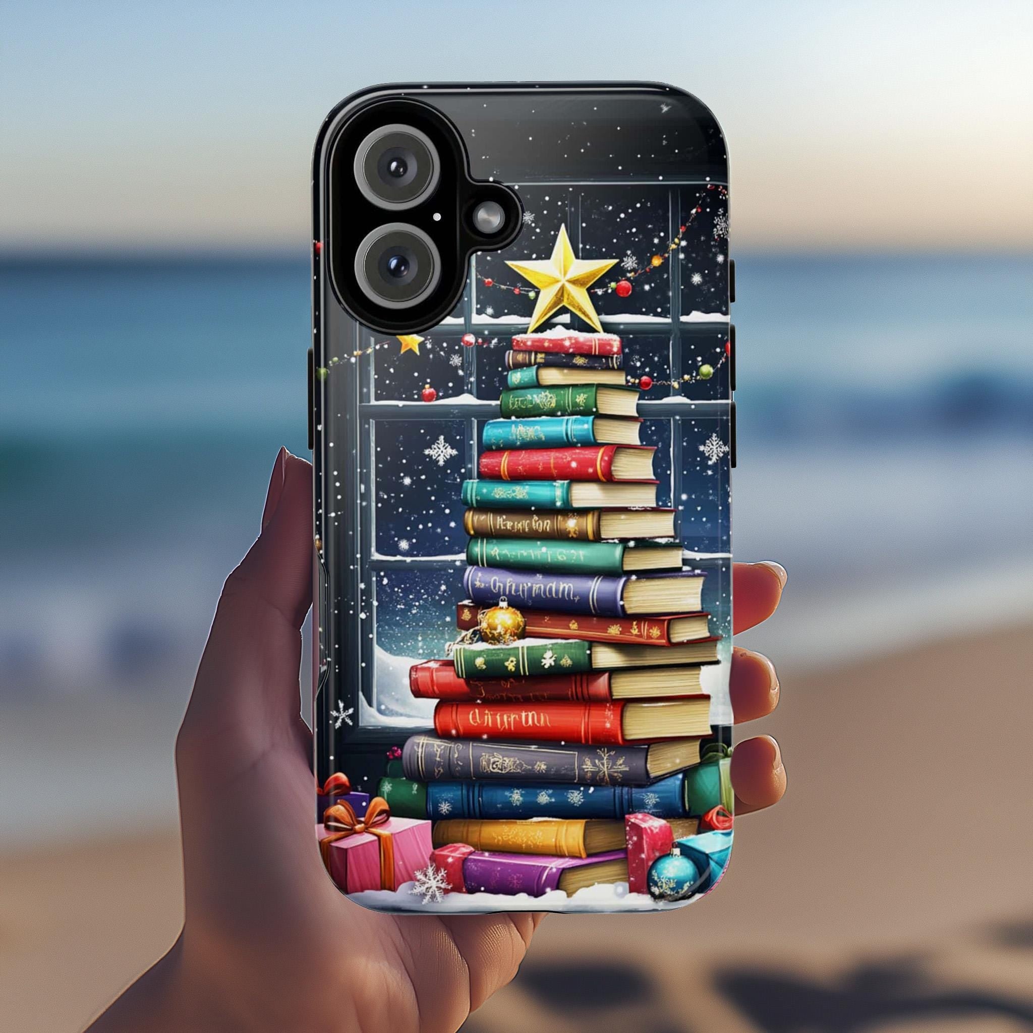 Christmas Tree with Books Holiday Phone Case, Elegant Winter Snowy Scenet Case for iPhone 16 Pro Max 15 14 Plus, Samsung S25, 431.1