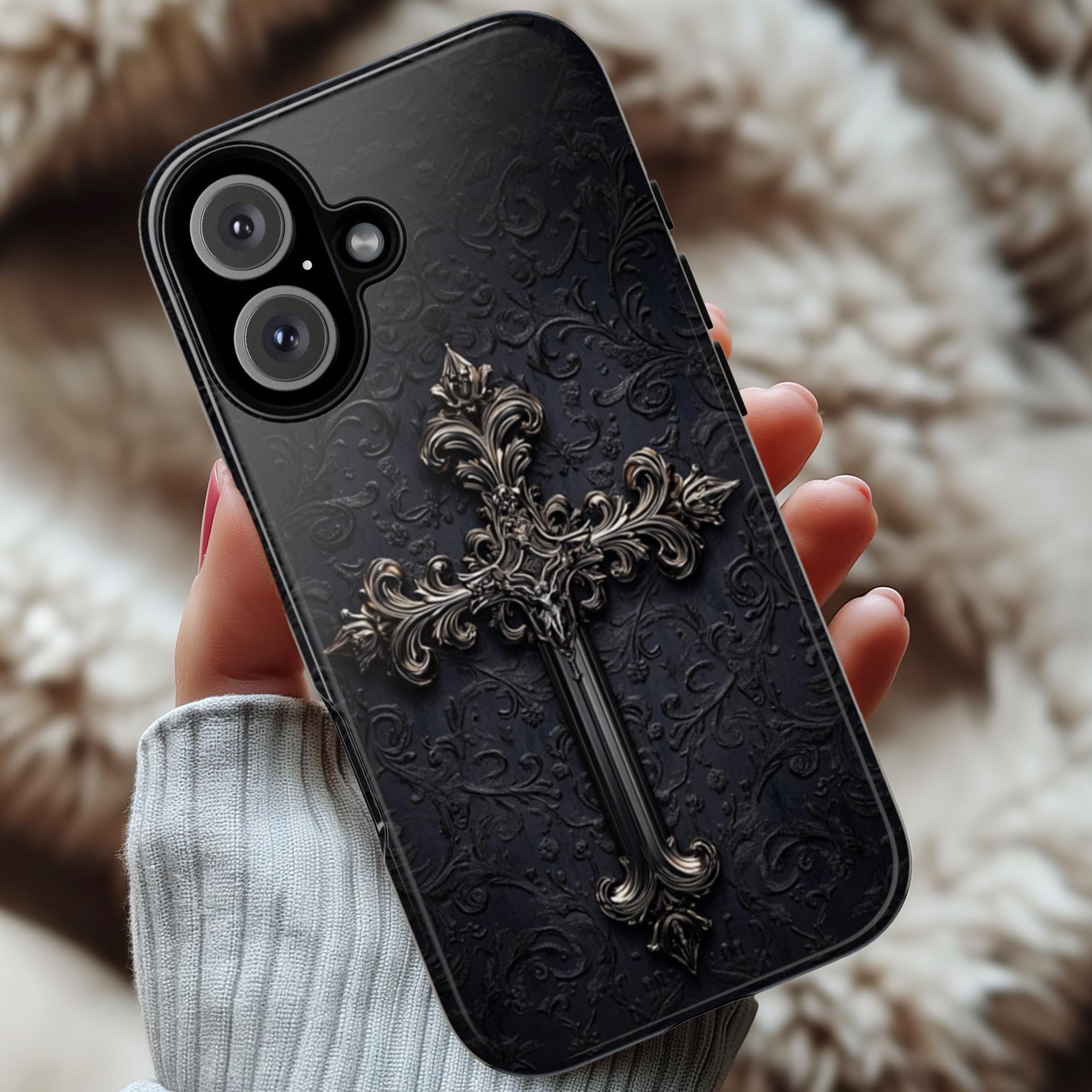 Dark Gothic Christian Cross Phone Case, Dark Academia Aesthetic Cover, Chrome 3D Design for iPhone 16 15 14 13 Magsafe, Samsung S25, 472.3
