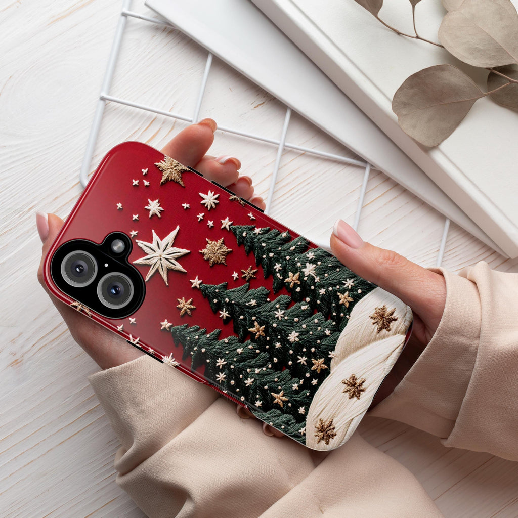 Christmas Tree and Star 3D Embroidered effect Winter Phone Case, Festive Holiday Design,  for iPhone 16 15 14 13 Magsafe, Samsung S25, 444.2