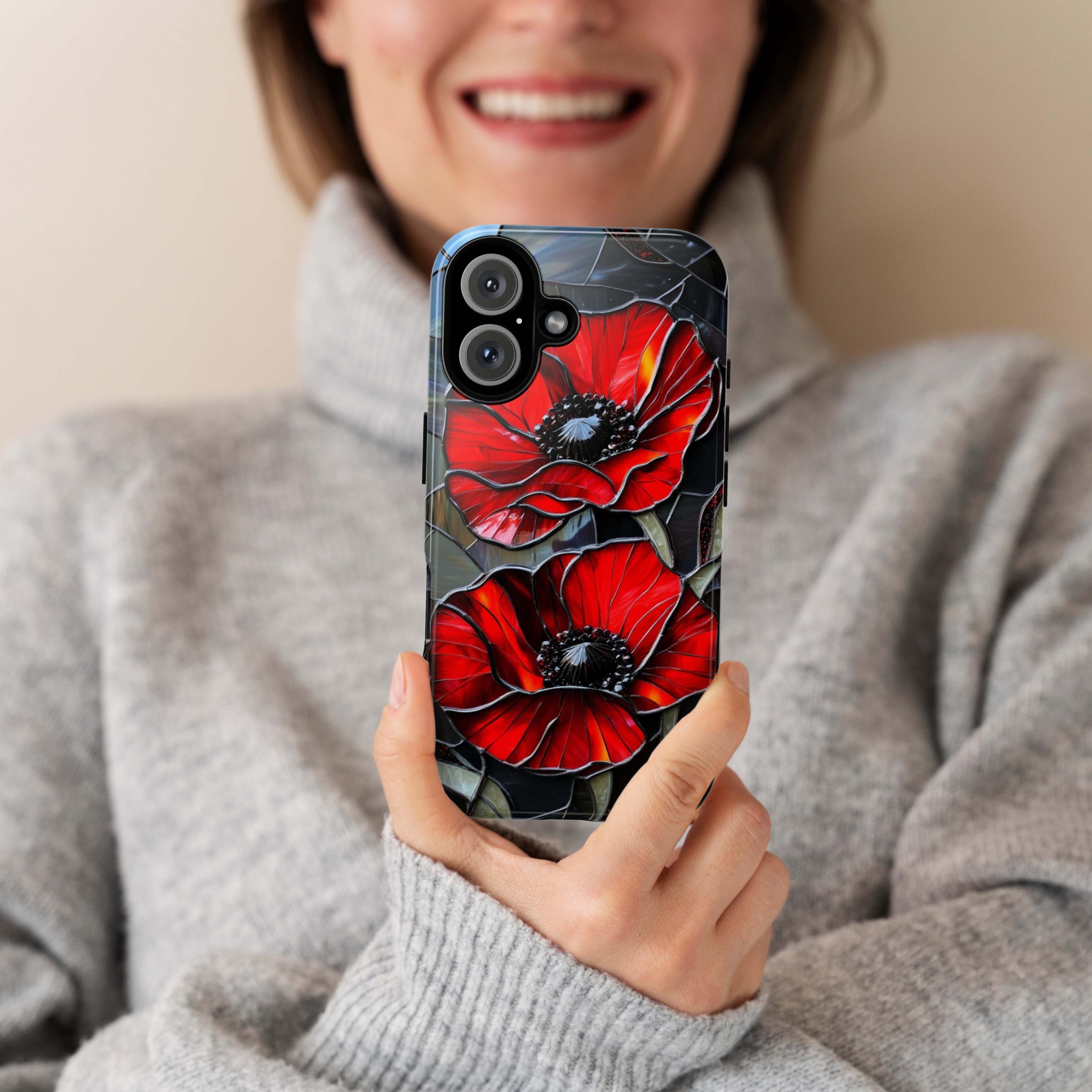 Stained Glass Red Poppies Phone Case, Mosaic Vibrant Red Poppy MagSafe Case for iPhone 16 15 14 13 Tough or MagSafe, Samsung S25, 418.17