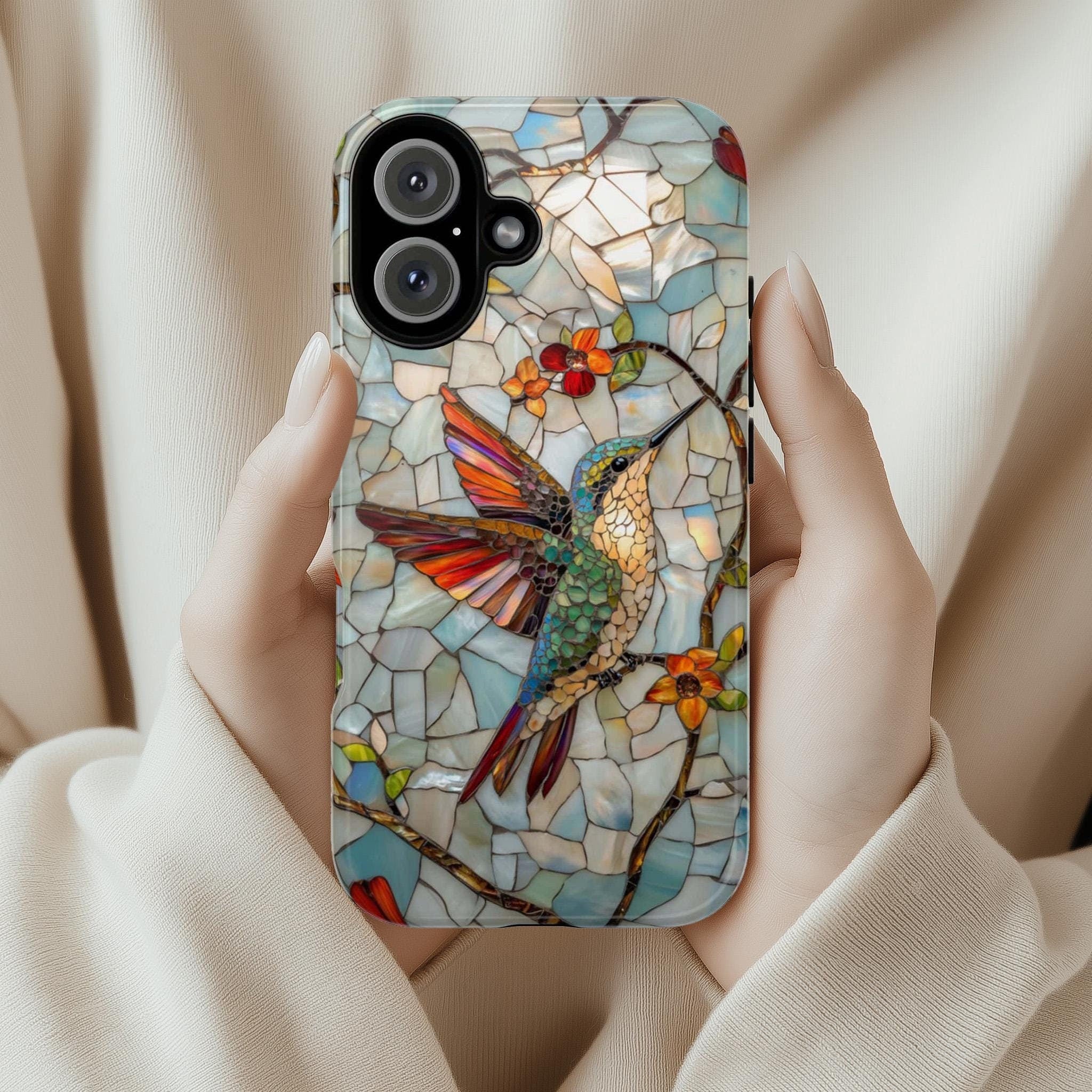 3D Hummingbird Stained Glass Effect Phone Case - Mosaic Case for iPhone 16 Pro Max 15 14 13 12 11 Plus, Samsung S24 Ultra S25, 419.2