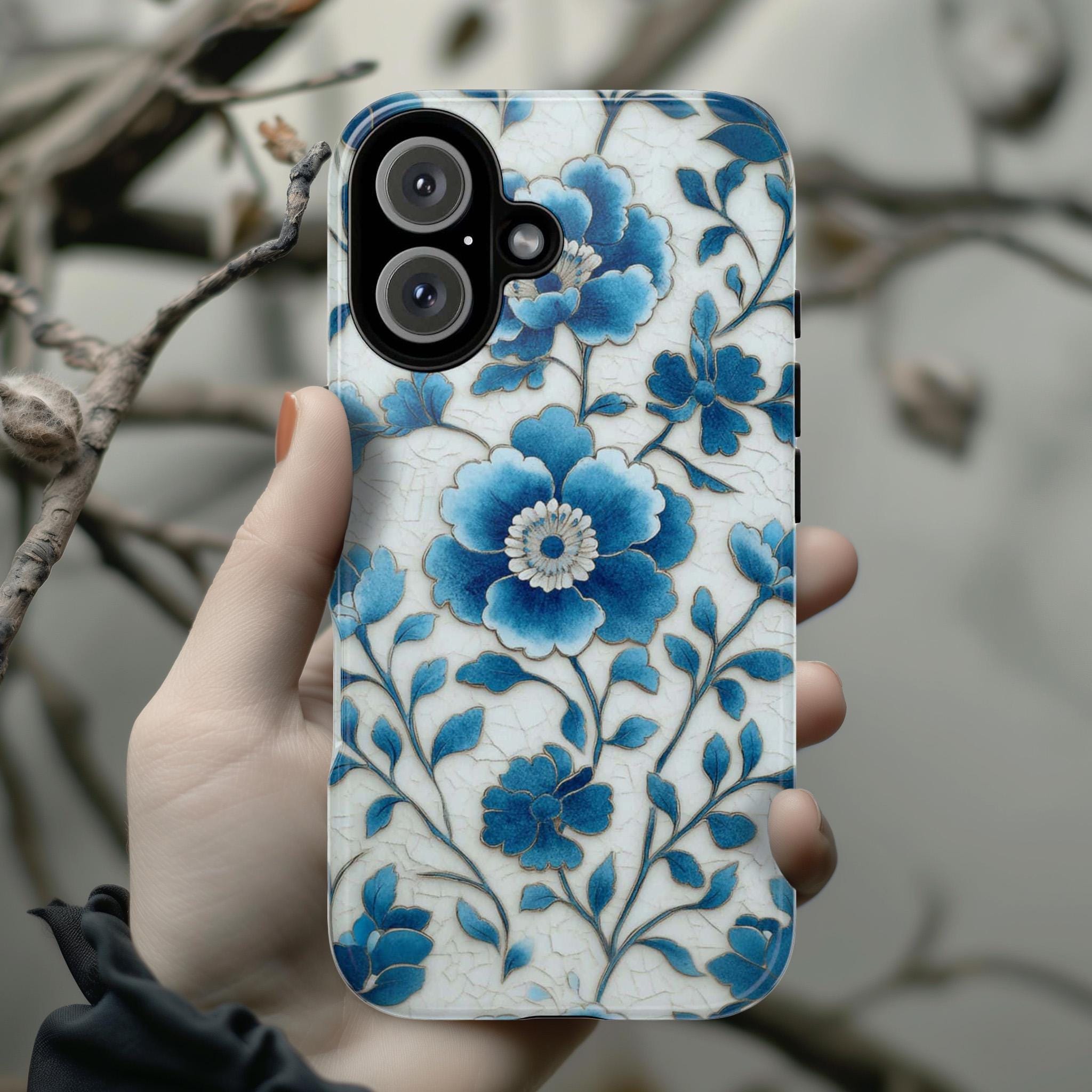 Blue Botanical Floral Phone Case, Blue Flowers Phone Case, Vintage Design for iPhone 16 15 14 13 Tough or Magsafe, Samsung, 476.11