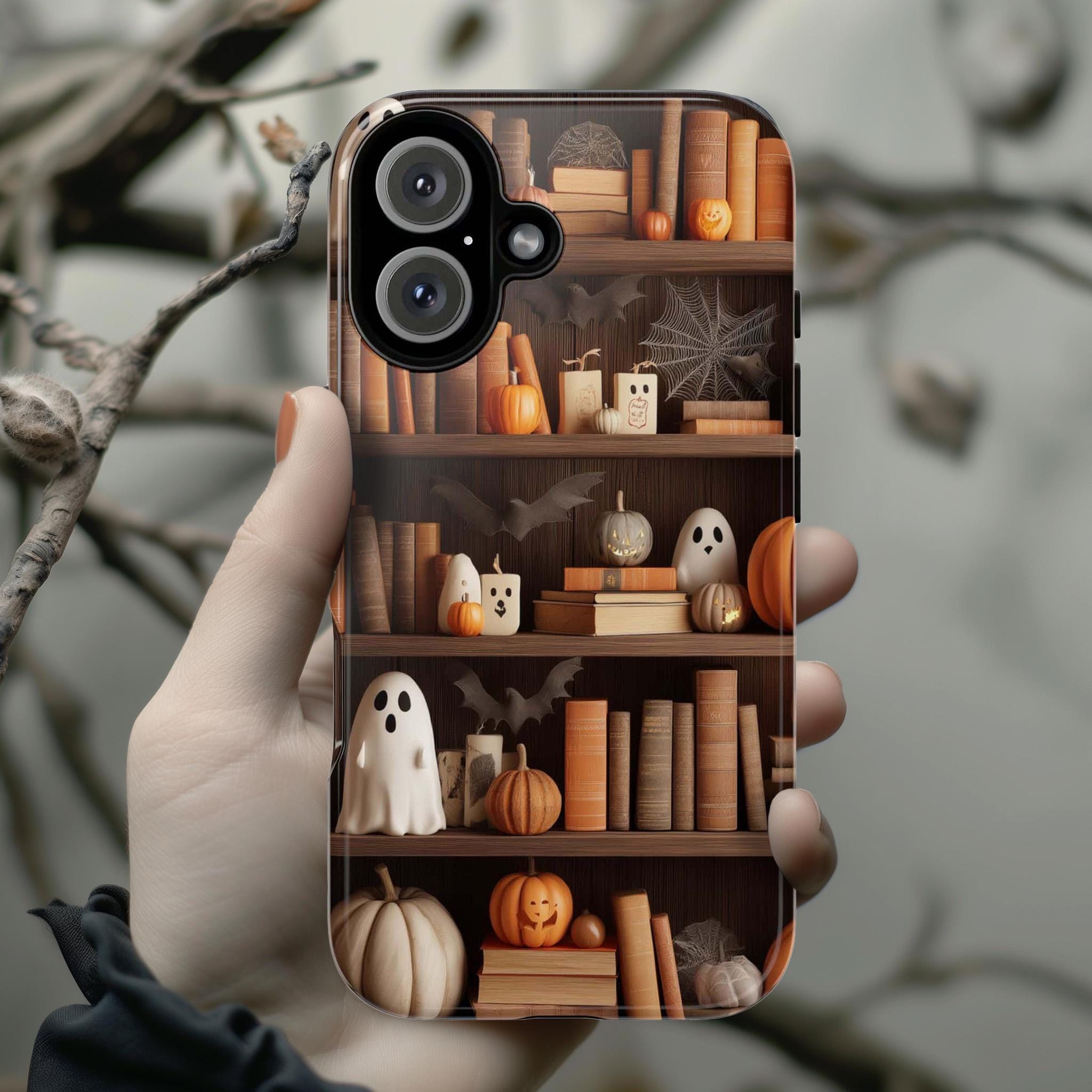 Gothic Library Phone Case, Ghosts & Pumpkins Phone Case, Halloween Lovers for iPhone 16 15 14 13 Tough or Magsafe, Samsung, 475.9
