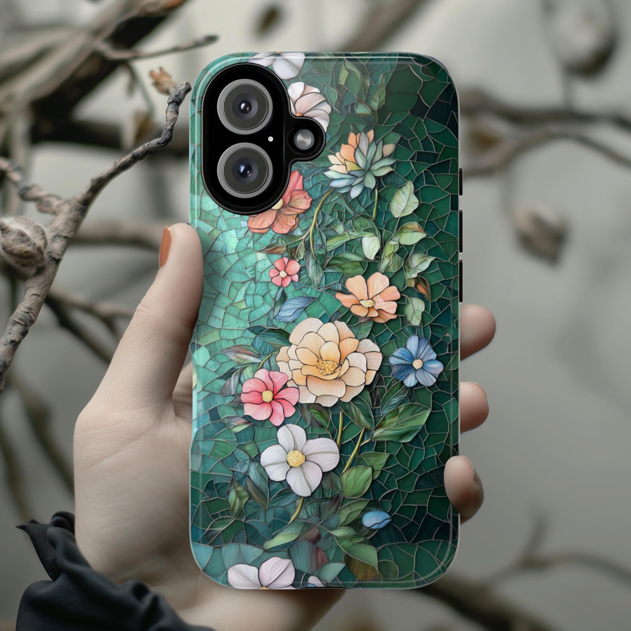 Elegant Vintage Mosaic Flowers Phone Case, Plant Lover Gift, Stained Glass Floral Case for iPhone 16 15 14 13 Magsafe, Samsung S25, 418.29