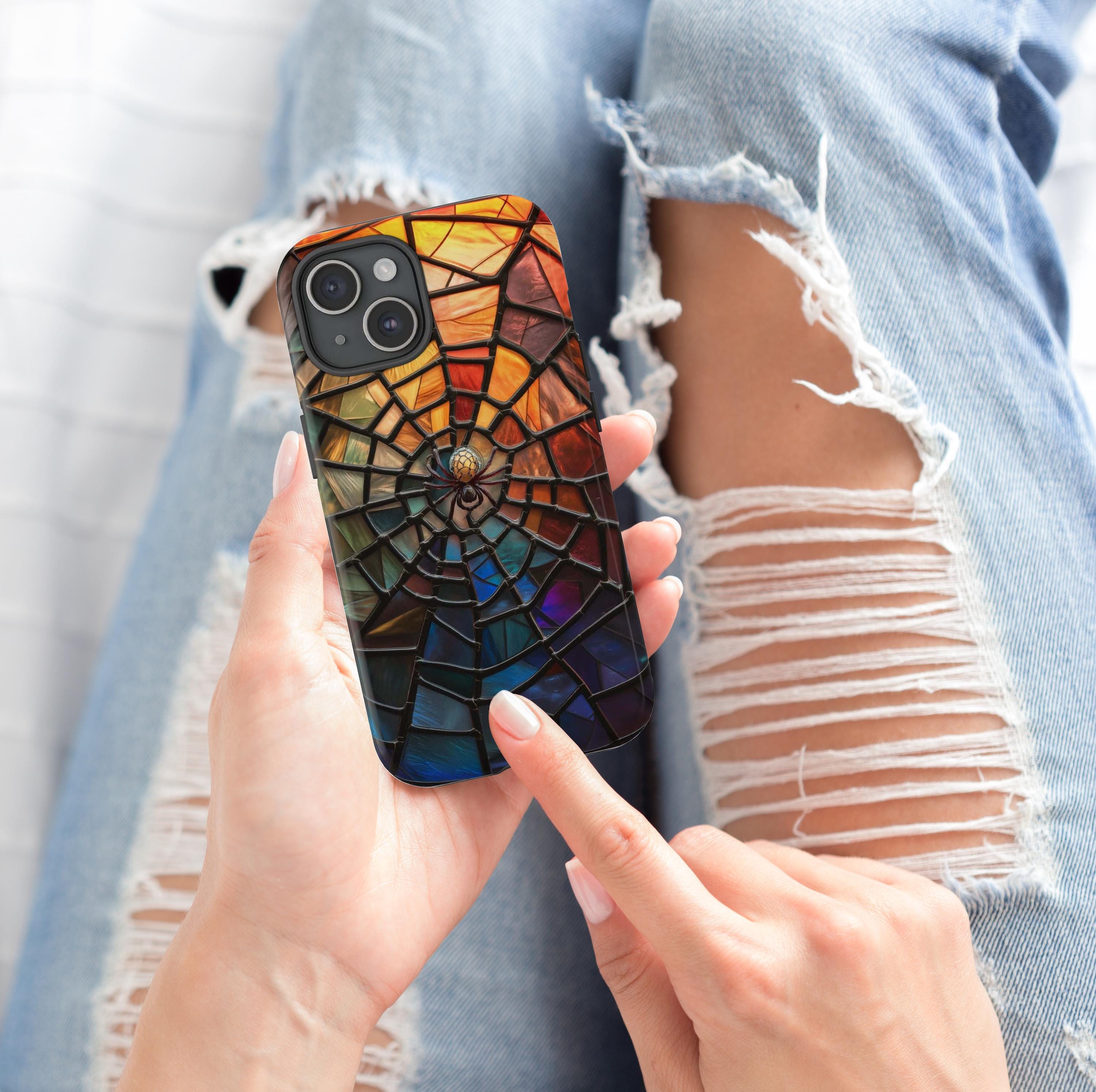 Halloween Phone Case Spiderweb Faux Stained Glass Spooky Cobweb Phone Cover for iPhone 16 15 14 13 12 Pro Max Plus/Samsung Galaxy, Best Gift